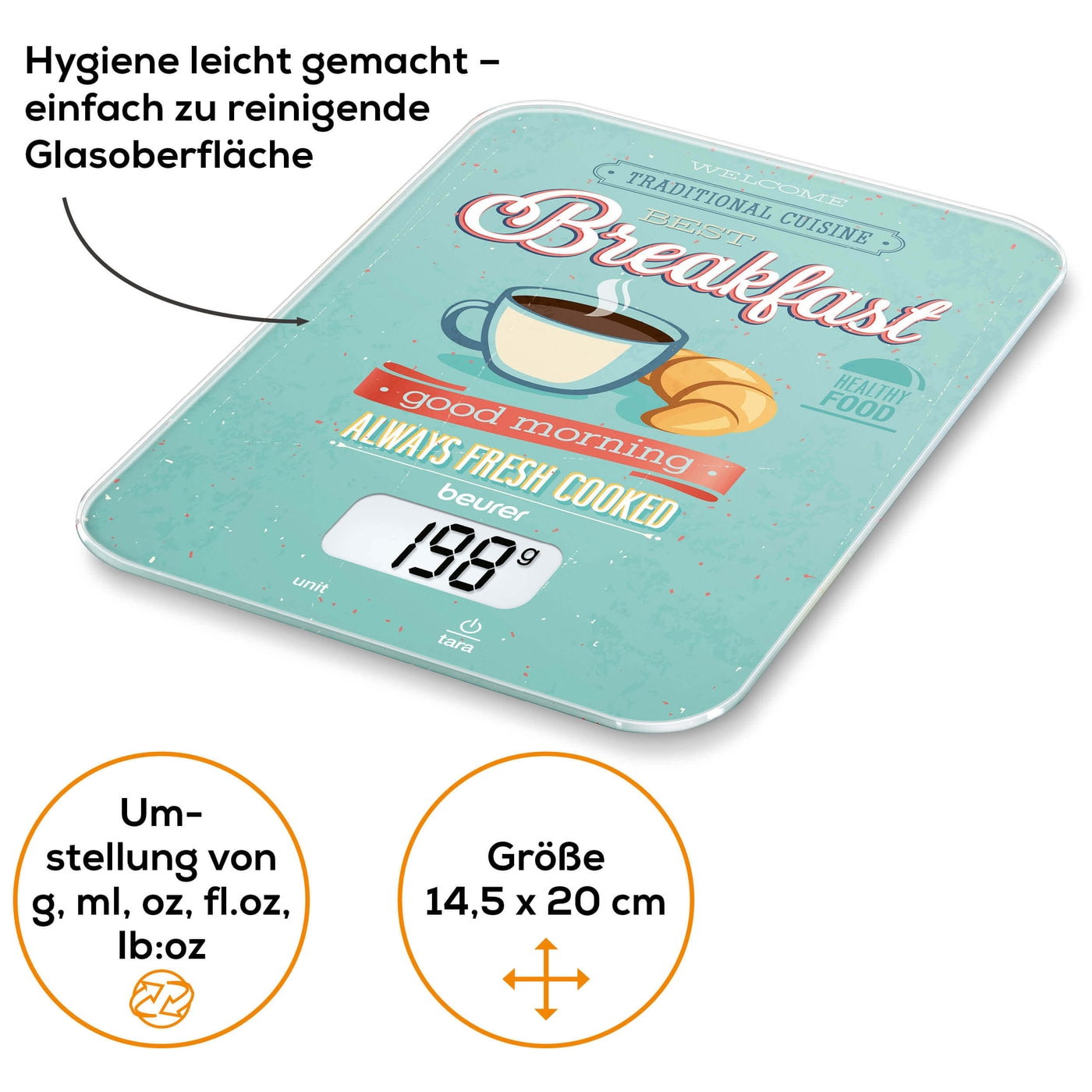 Beurer Küchenwaage KS 19 Breakfast-Küchenwaage mit stylischer Glasoberfläche & Tarafunktion