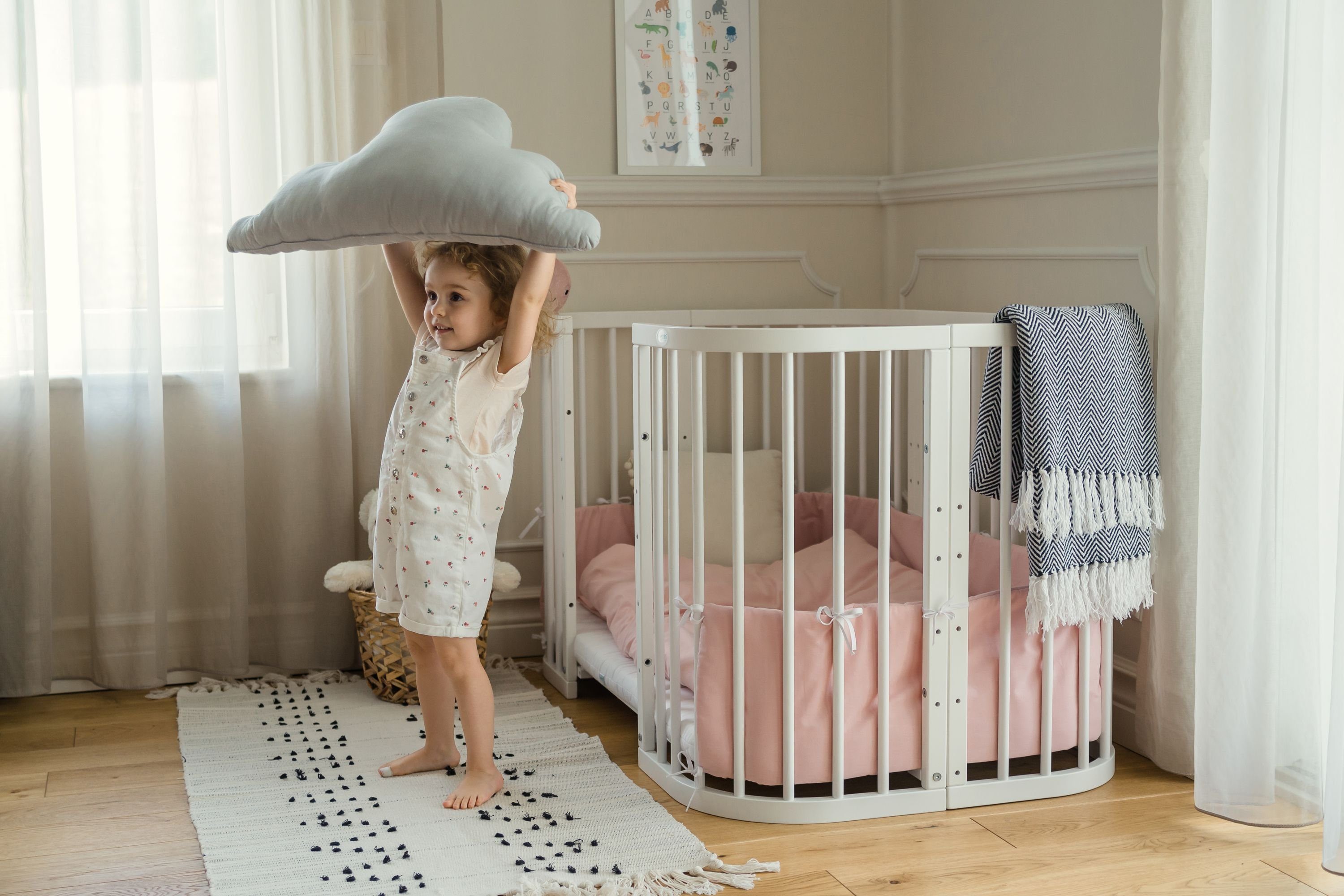 Waldin Beistellbett Mobiles Babybett aus Holz 7in1 mit Matratze, mitwachsend