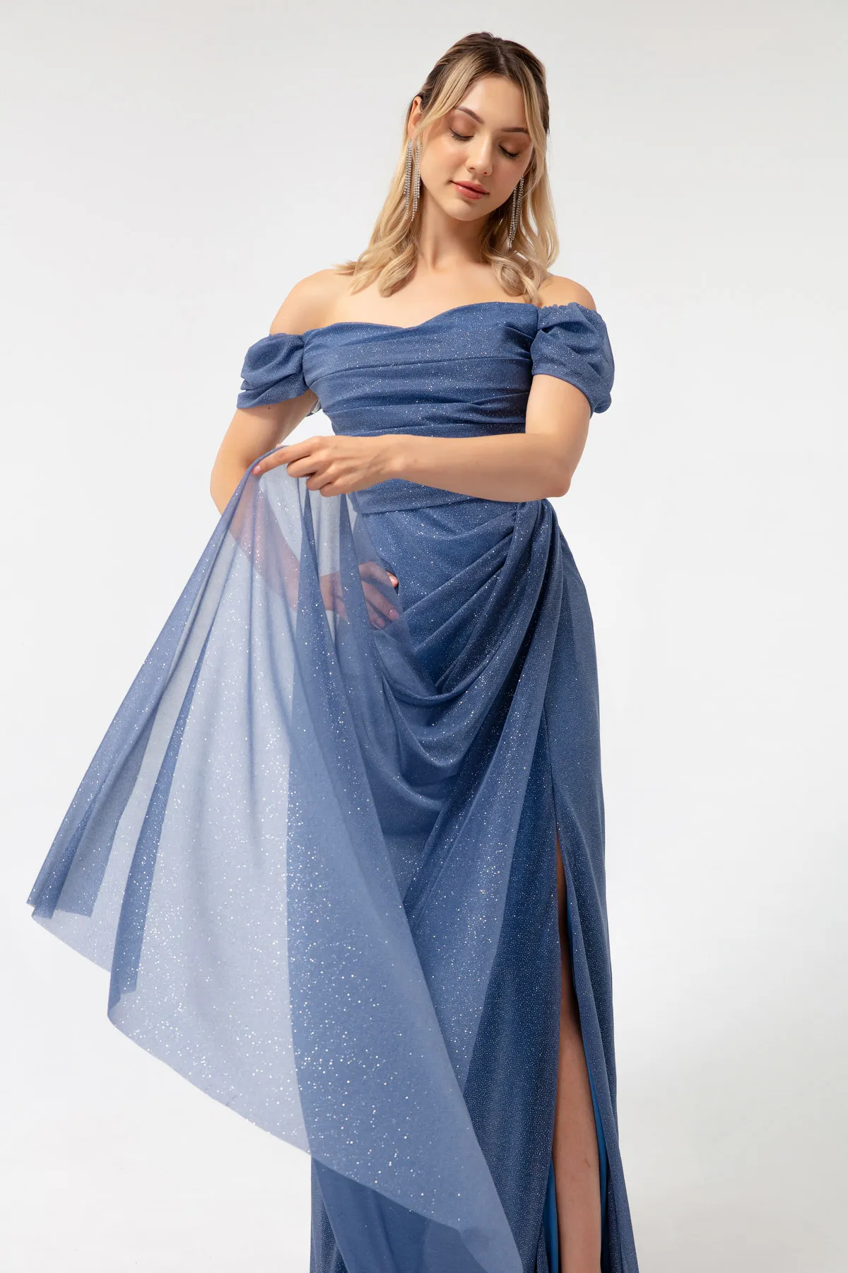 Lafaba  Damen-Abendkleid in Indigo mit U-Boot-Ausschnitt, drapiertem Schlitz, langes, silbernes Abendkleid
