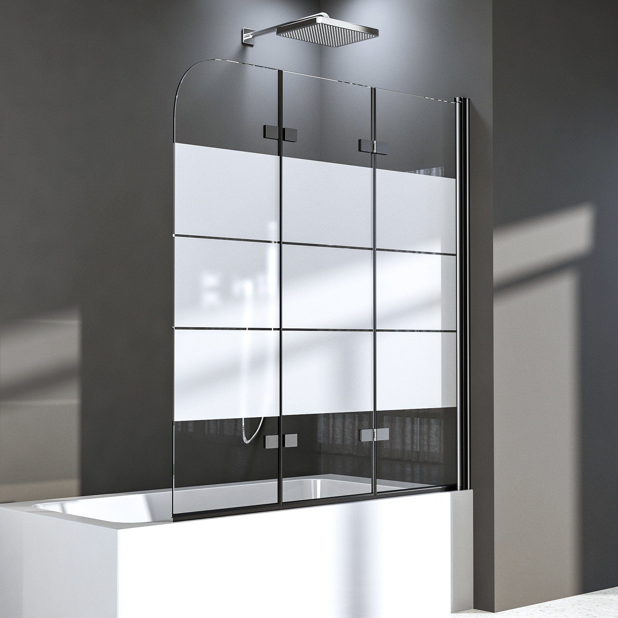 Boromal Badewannenaufsatz 3 teilig Schwarz Faltbar Duschwand Badewanne Glaswand Duschtrennwand, Sicherheitsglas, (Badewannenabtrennung 3-teilig mit Milchglas Streifen), 5mm ESG Glas, Badewannenfaltwand