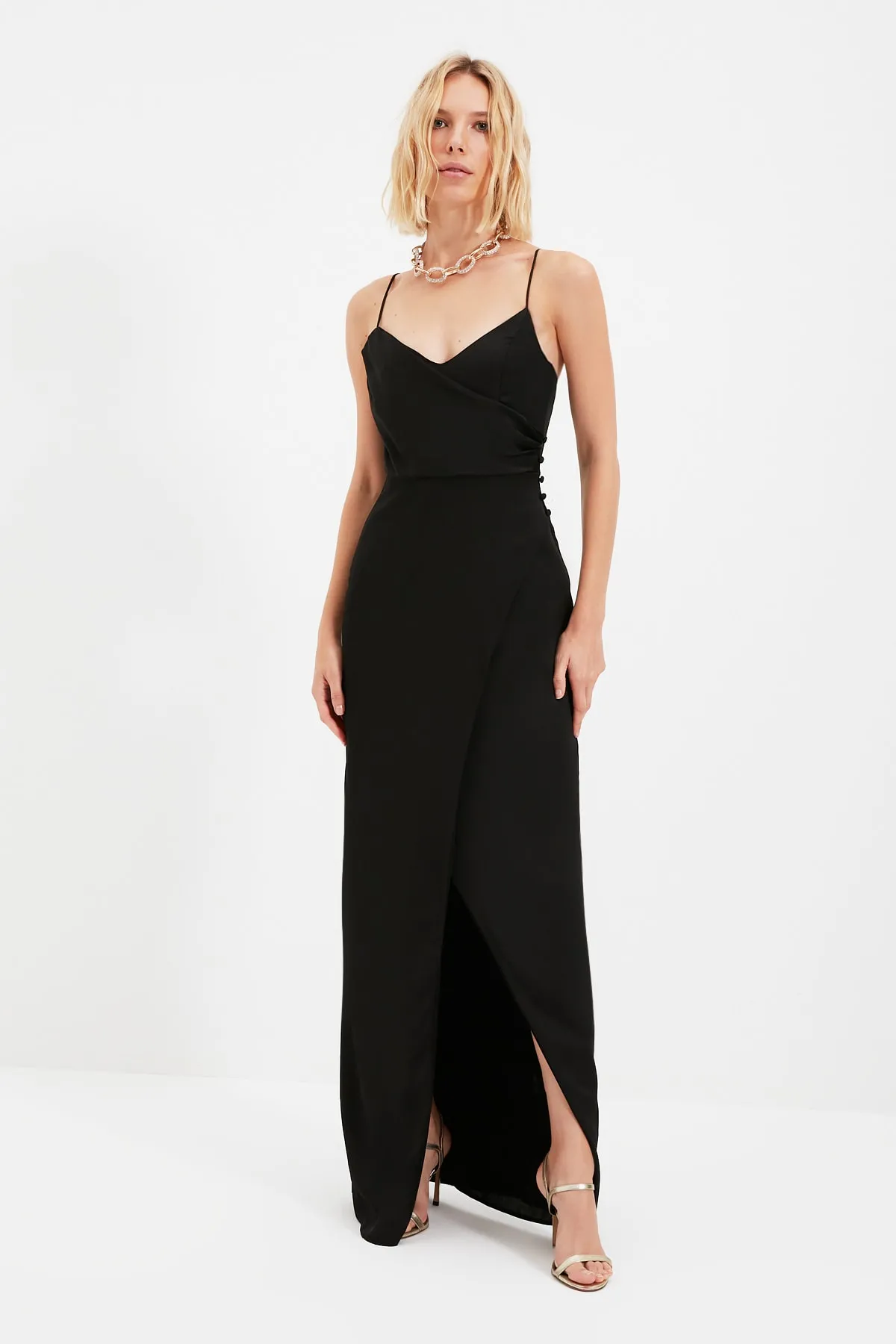 Trendyol Collection  Schwarzes langes Abendkleid mit Kragendetail TPRSS21AE0065