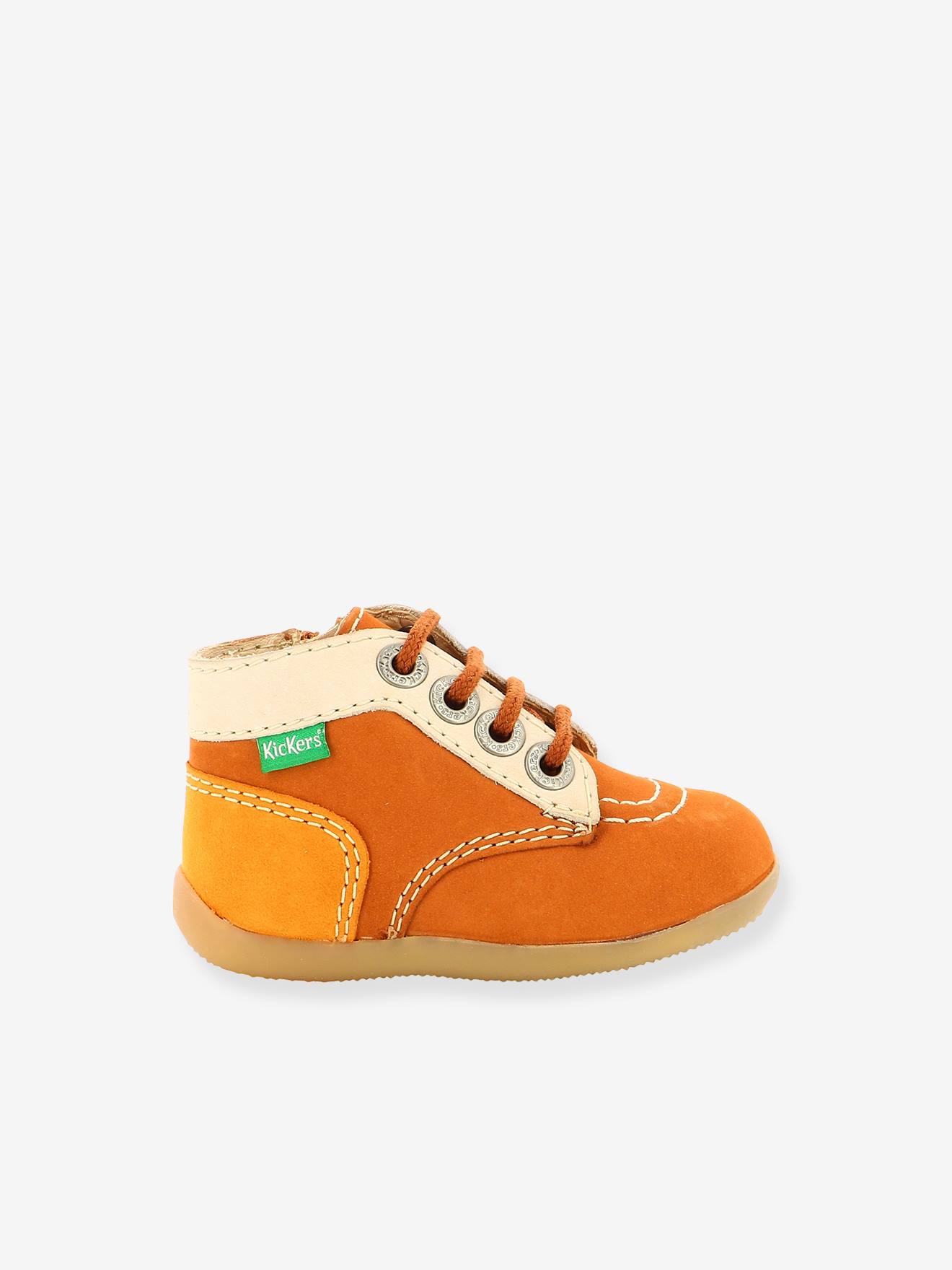 Bottillons cuir bébé Bonzip 2 KICKERS® 1ers pas camel jaune blanc