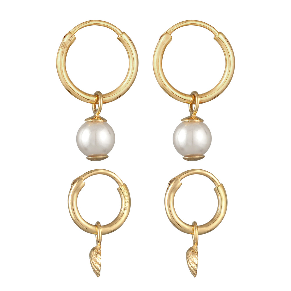 Elli Elli Boucles d'Oreilles Femmes créoles pendentif coquillage set de 2 avec perles  Boucles d'oreilles