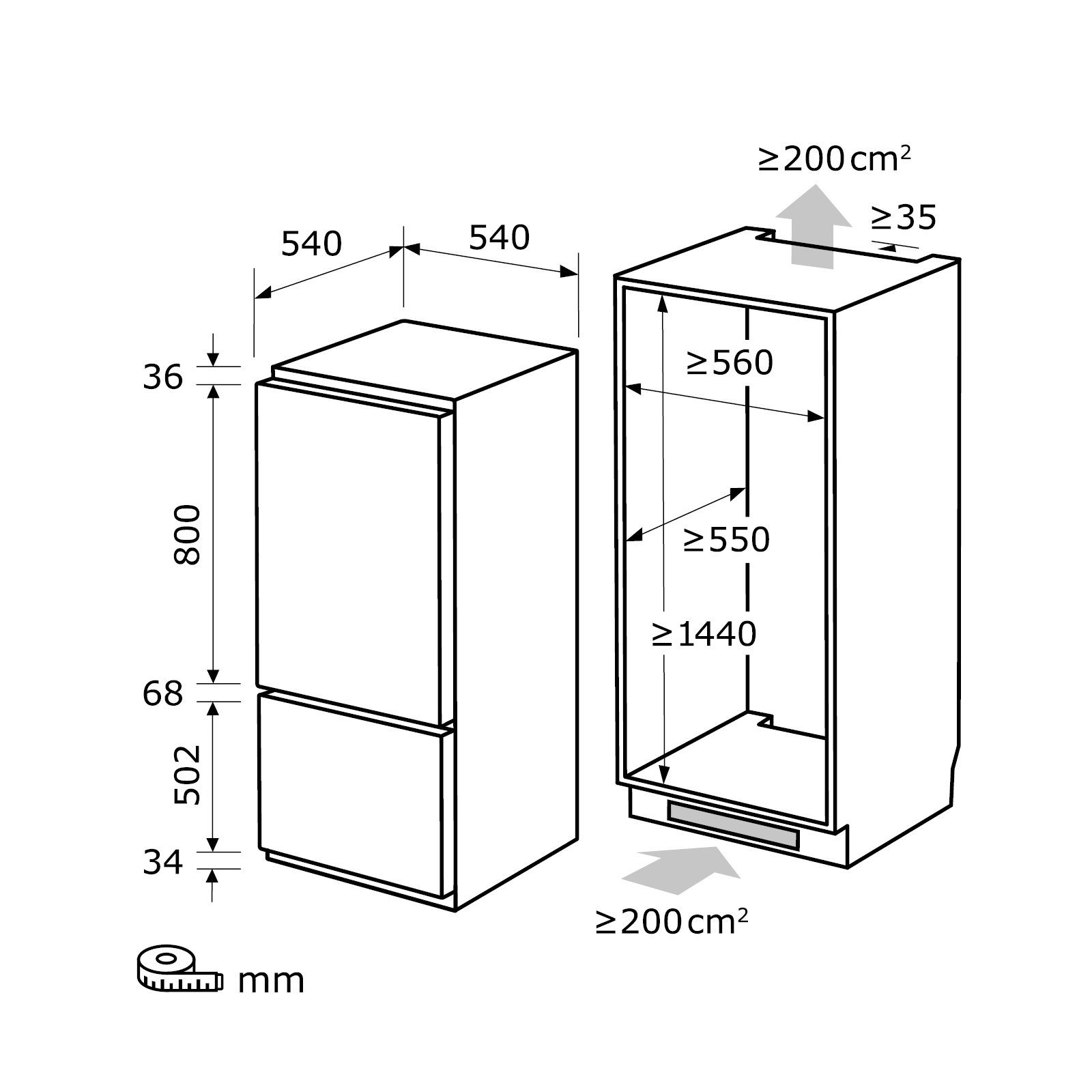 exquisit Kühl-/Gefrierkombination Einbau EKGC225-40-110F, 144 cm hoch, 54 cm breit, großes Volumen, ideal für mittelgroße Haushalte