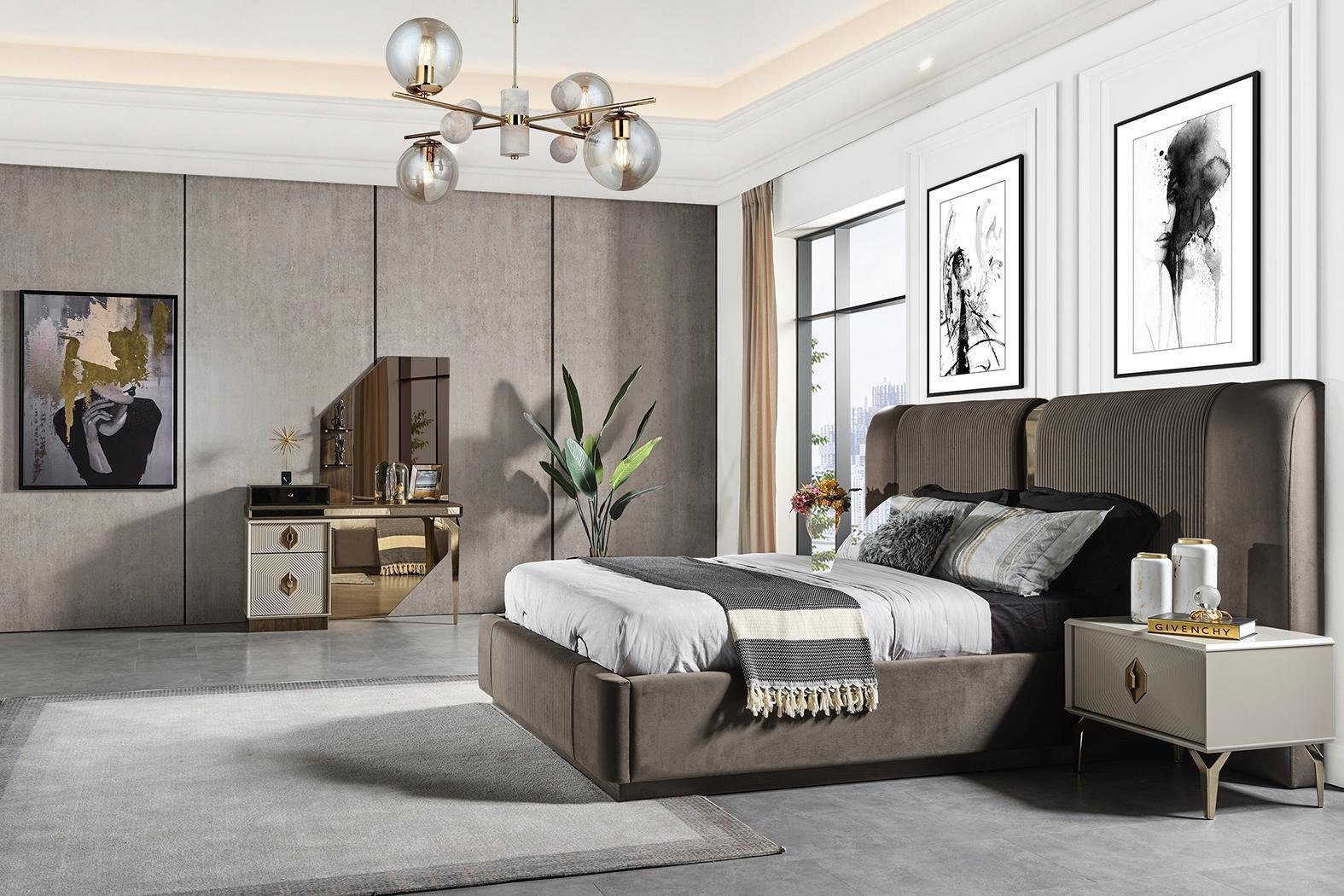 JVmoebel Schlafzimmer-Set Schlafzimmergarnitur Designer Bett 2x Nachttische Schminktisch, (5-St., Bett, 2x Nachttische, Schminktisch mit Spiegel), Made in Europa
