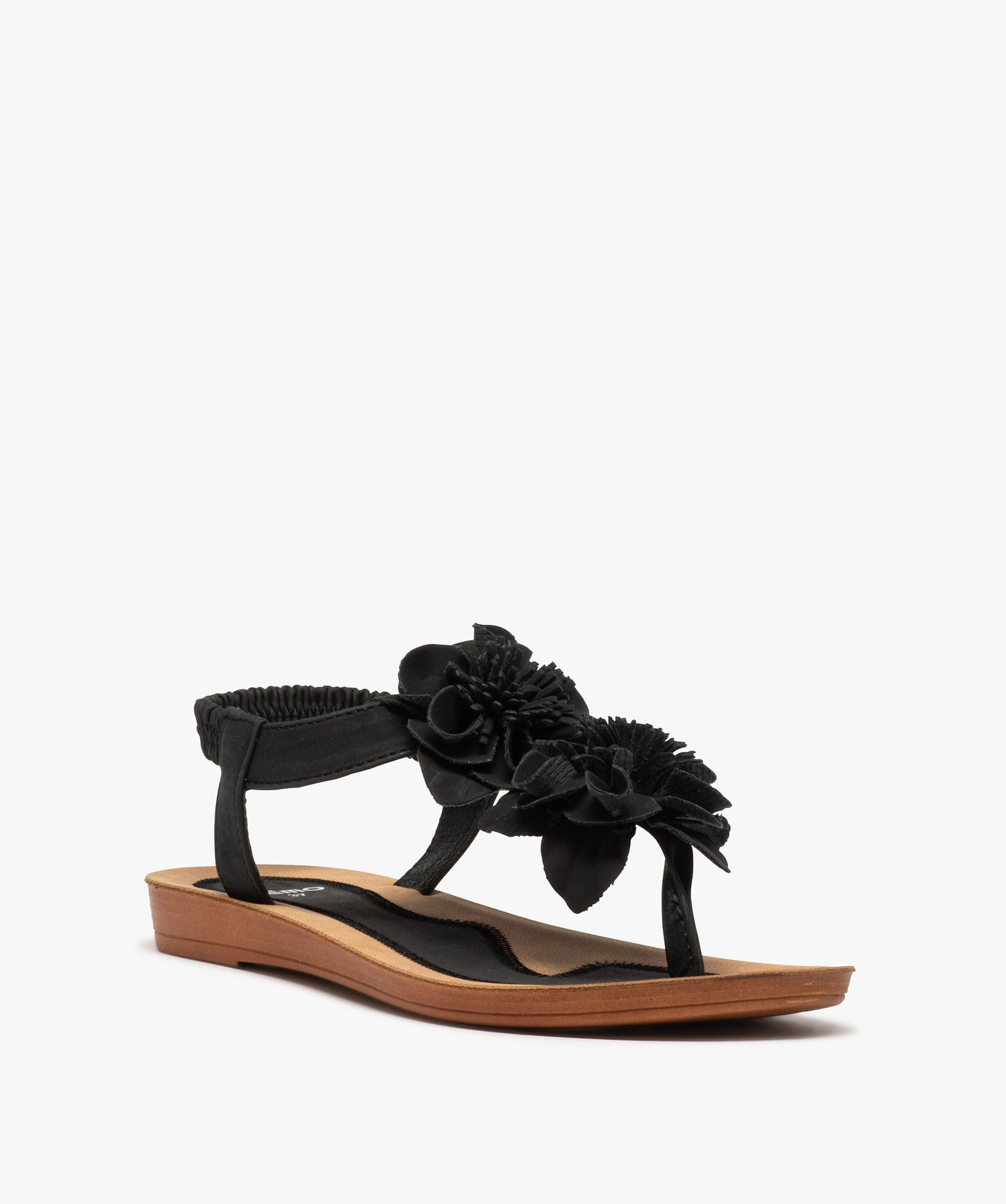 Sandales femme à entre-doigt ornées de fleurs en relief noir | GEMO