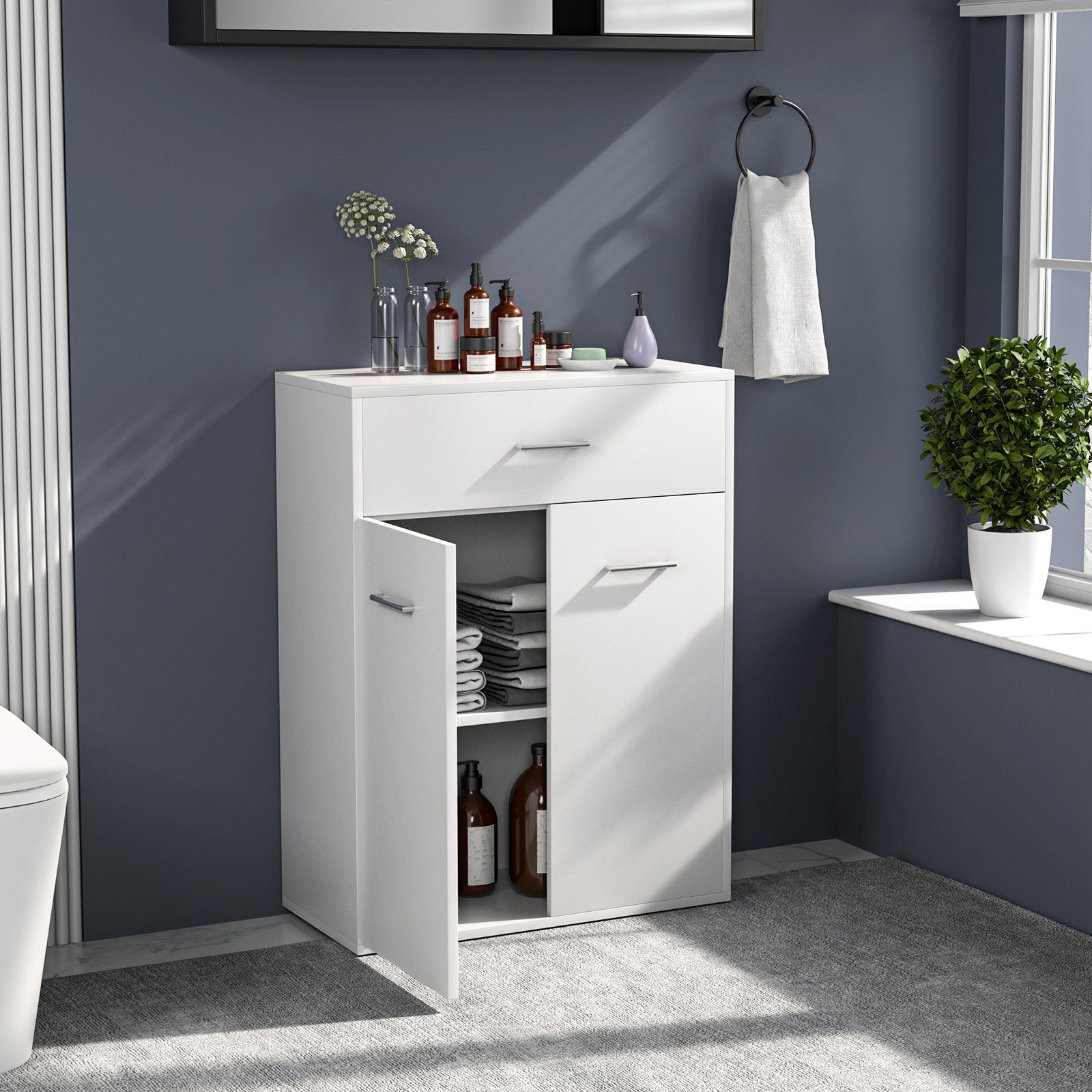 COSTWAY Badkommode, mit Schublade und Unterschrank, 60x29x82cm, weiß