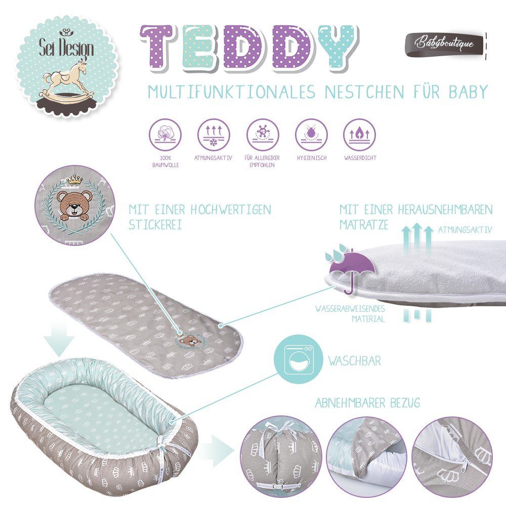 SEI Design Kuschelnest Cocon mit wasserfester Matratze - Babynest, (1-tlg), Bärchen - Bezug 100% Baumwolle