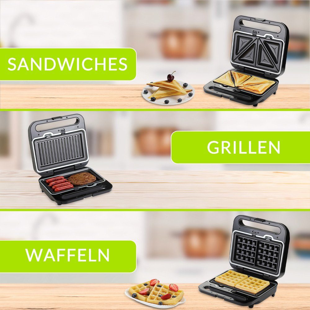 monzana Sandwichmaker, 1000 W, 3 in 1 Sandwichtoaster 3 Sandwich- Grill- Waffelplatten