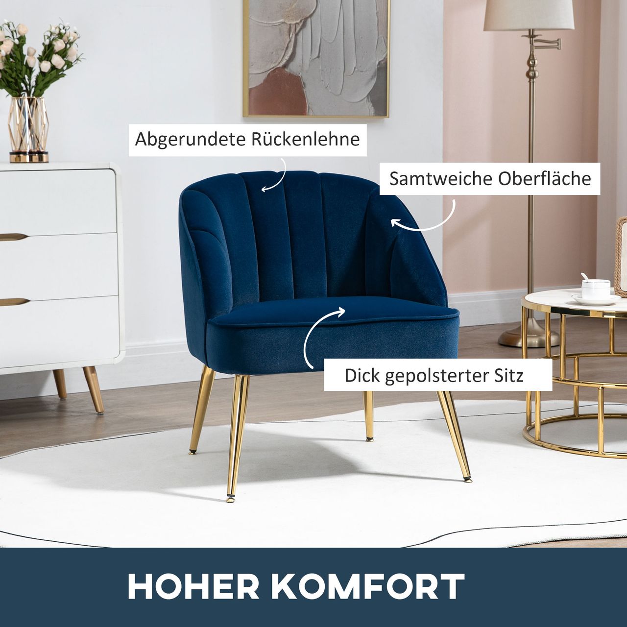 HOMCOM Ohrensessel Loungesessel Polstersessel mit Samtoptik Relaxsessel Blau