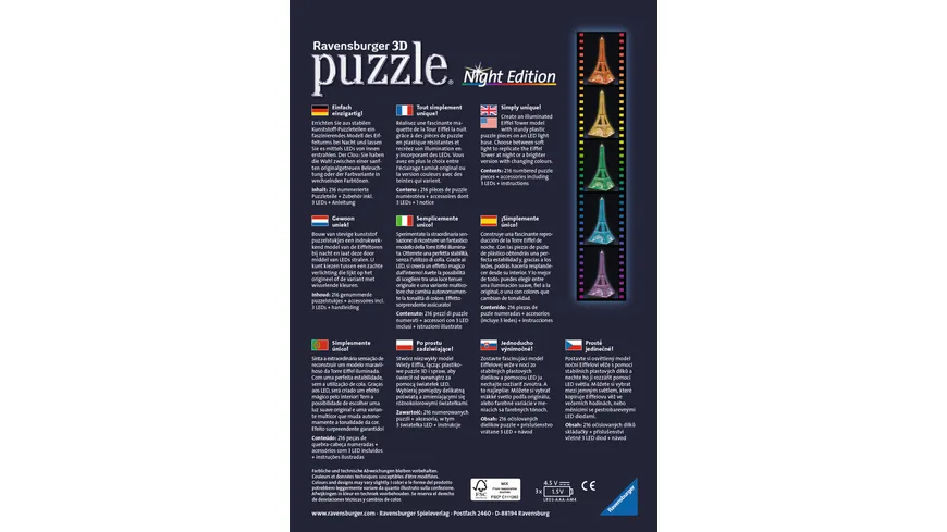 Ravensburger Puzzle - 3D-Puzzle - Eiffelturm bei Nacht, 216 Teile