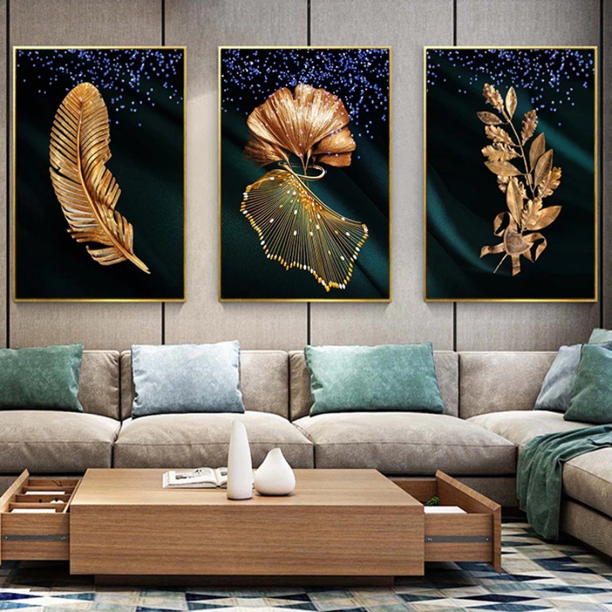 TPFLiving Kunstdruck (OHNE RAHMEN) Poster - Leinwand - Wandbild, Goldene Blätter - (Einzeln und im günstigen 3-er Set - Wanddeko Wohnzimmer), Farben: Gold, Schwarz - Größe: 10x15cm