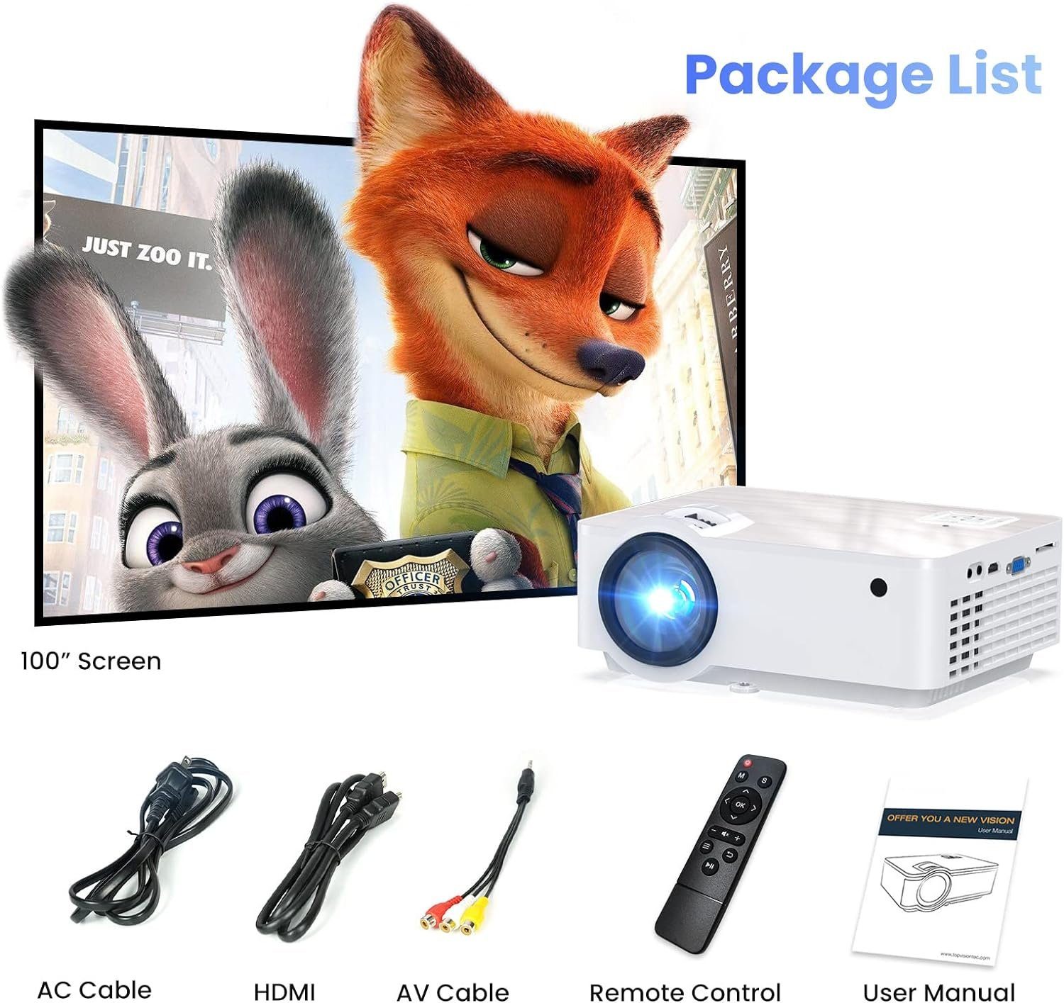 TOPVISION Bluetooth 5.1 Mini Beamer Multimedia Heimkino Portabler Projektor (9500 lm, 10000:1, 1920*1080p px, Mit 100'' Bildschirm kompatibel mit HDMI, USB AV Smartphone Pad TV Box)