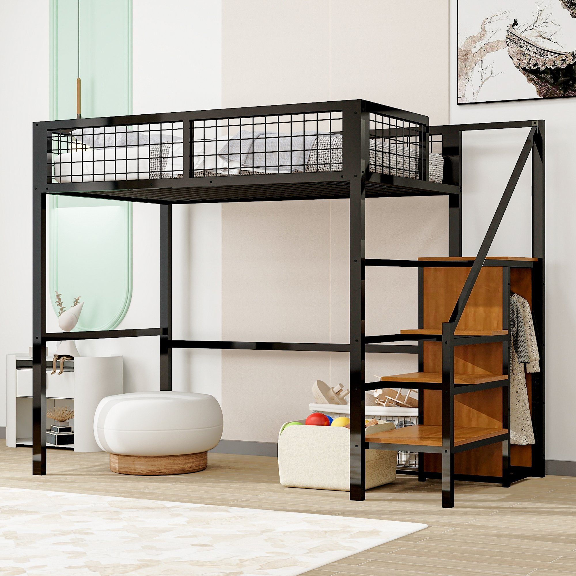 HAUSS SPLOE Metallbett Hochbett Metallbett Kinderbett Einzelbett mit Kleiderschrank (90*200 cm, Kinderbett mit Eisenrahmen und Aufbewahrungsregal, Kleiderschrank), ohne Matratze, Kein Stuhl