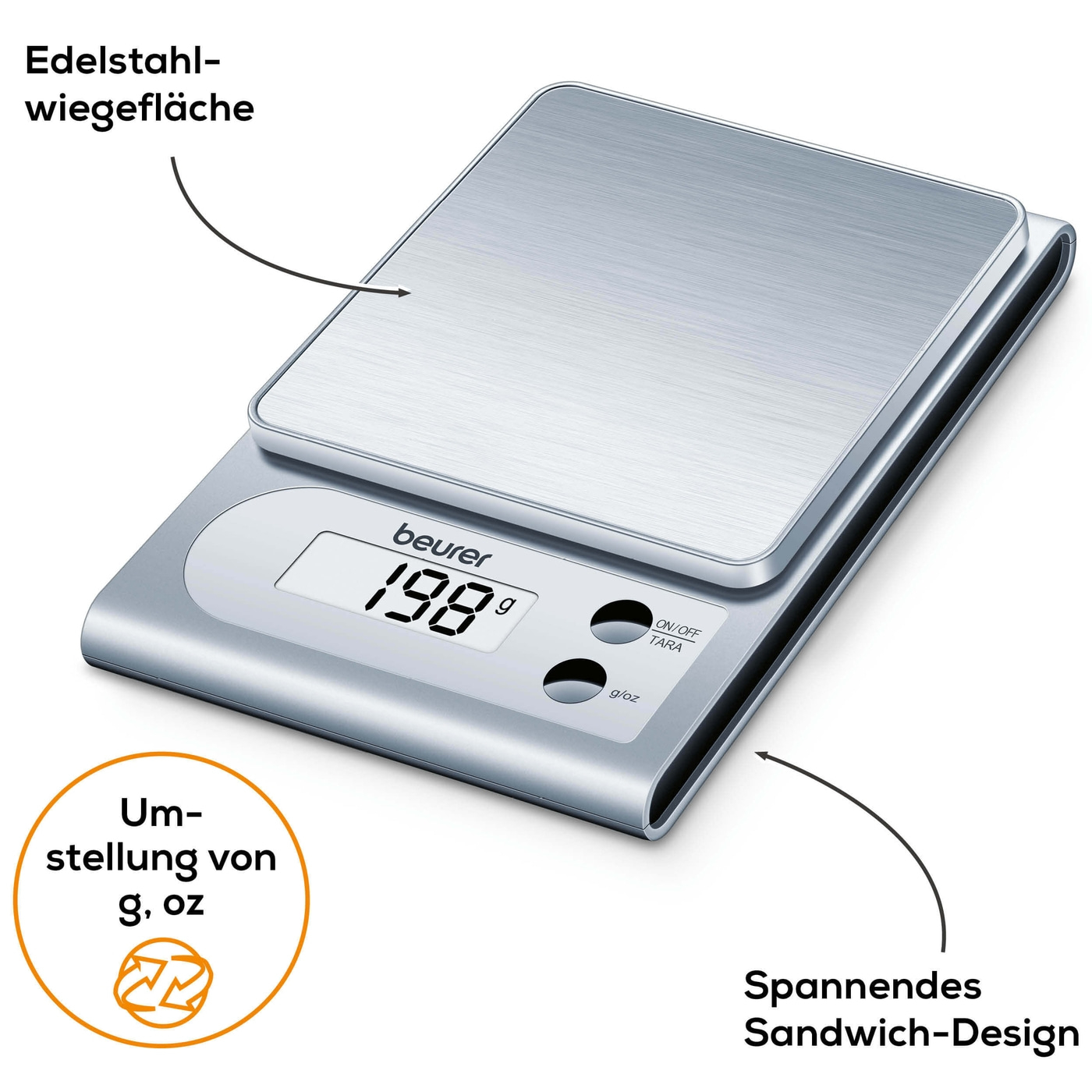 Beurer Küchenwaage - KS 22-Kleine edle Küchenwaage mit Edelstahlwiegefläche & Tarafunktion