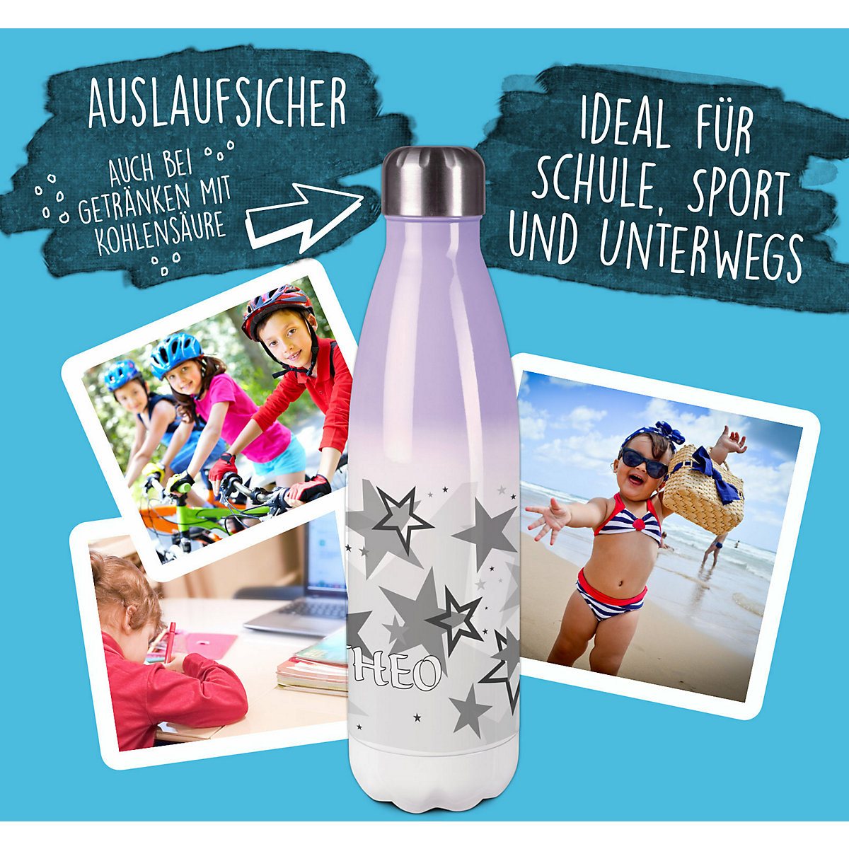 Edelstahl Kinder Thermoflasche / Trinkflasche bunt Sternenhimmel Farbe grau Spülmaschinenfest, Auslaufsicher, Bruchfest, Doppelwandig, Für Heißgetränke geeignet, Mit Deckel, Isoliert