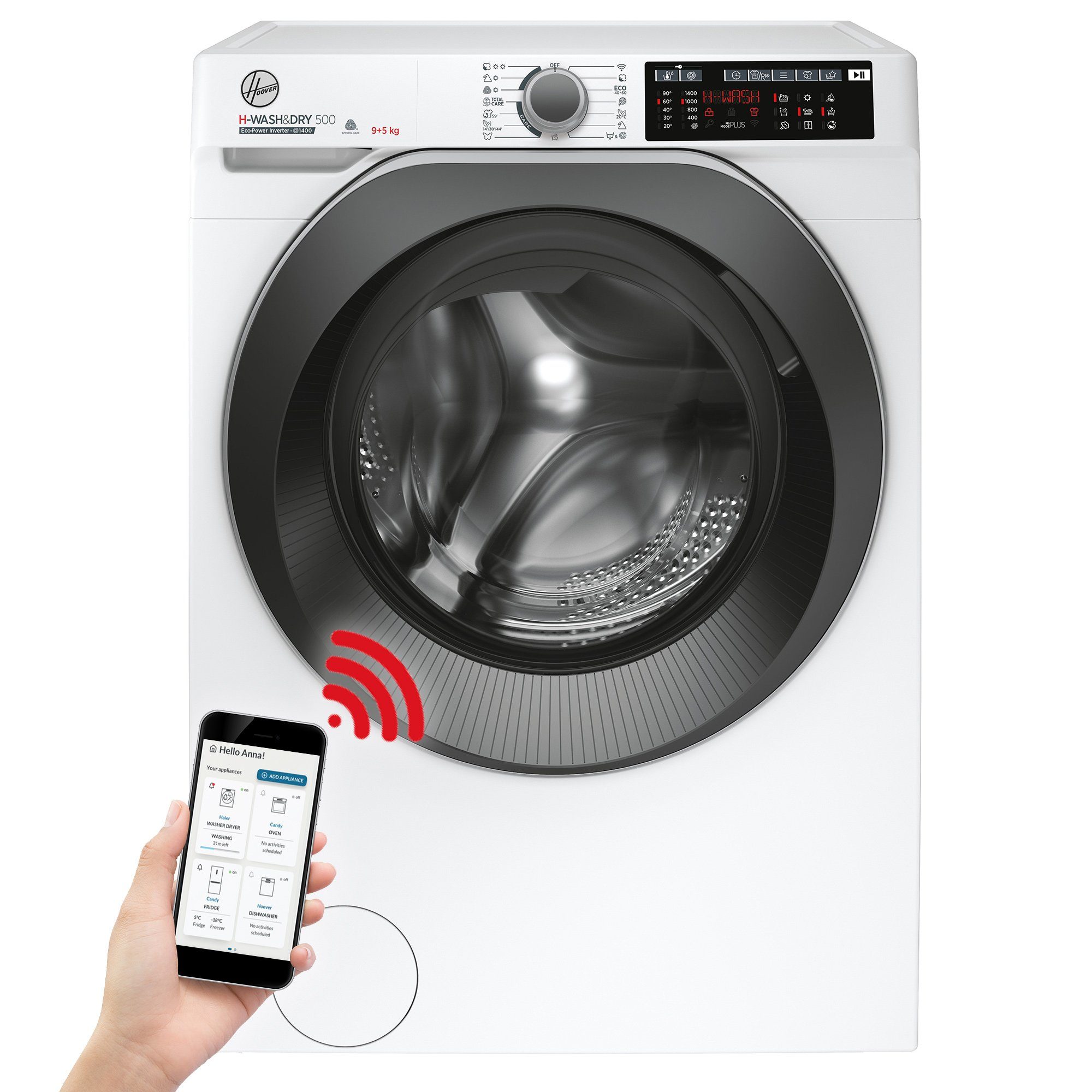Hoover Waschtrockner HD 495AMBS/1-S, 9,00 kg, 5 kg, 1400 U/min, Active Steam, Mix-Power-System, WiFi & Bluetooth (hOn-App)