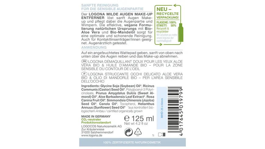 LOGONA CLASSIC Milder Augen Make-up Entferner Bio-Aloe Vera 125 ml