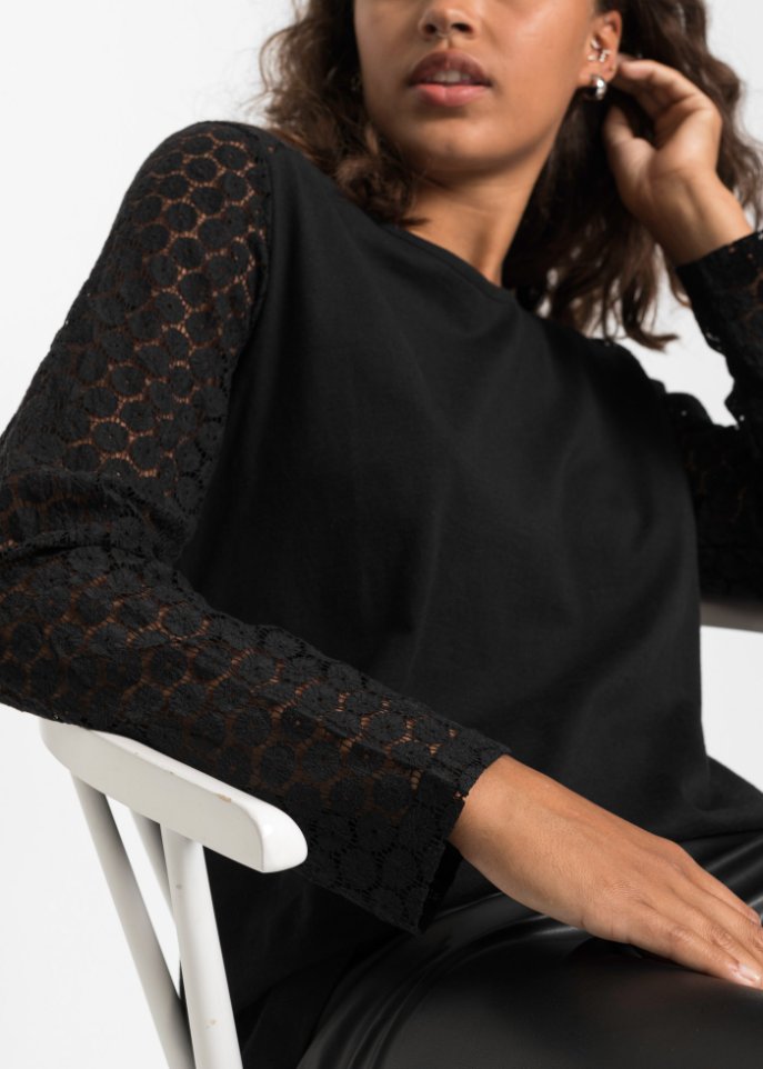 Shirt aus Flammgarn mit Ärmeln aus Spitze