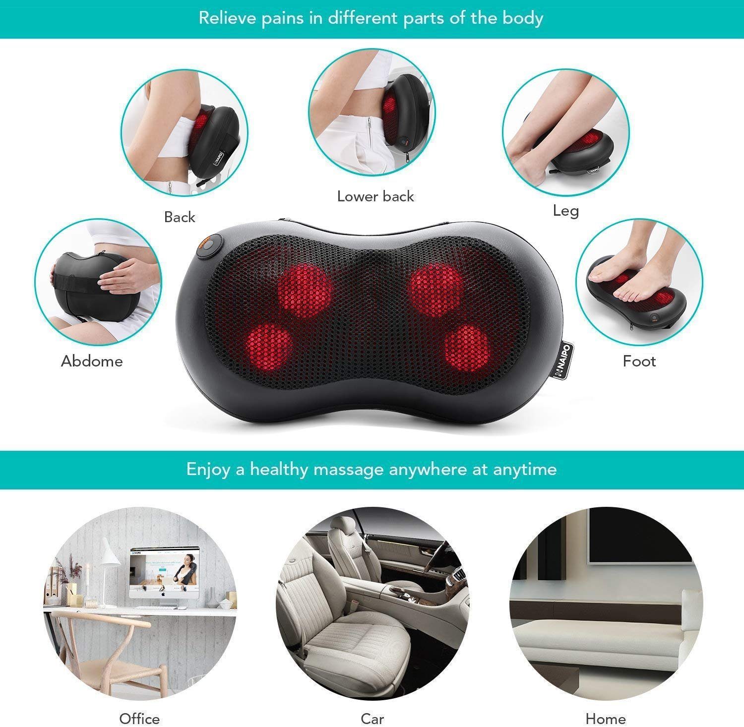 NAIPO Massagekissen, Shiatsu Massagegerät für Nacken Schulter Rücken
