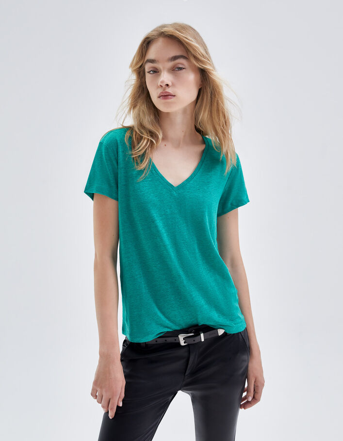 Tee-shirt menthe en maille de lin brodée Femme