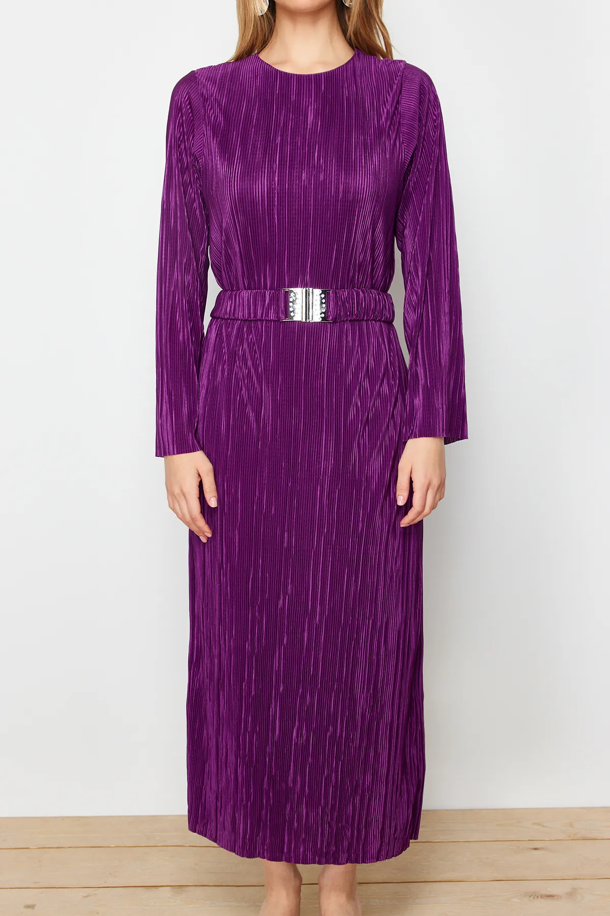 Trendyol Modest  Lila Strickkleid mit Faltengürtel TCTSS24EB00154