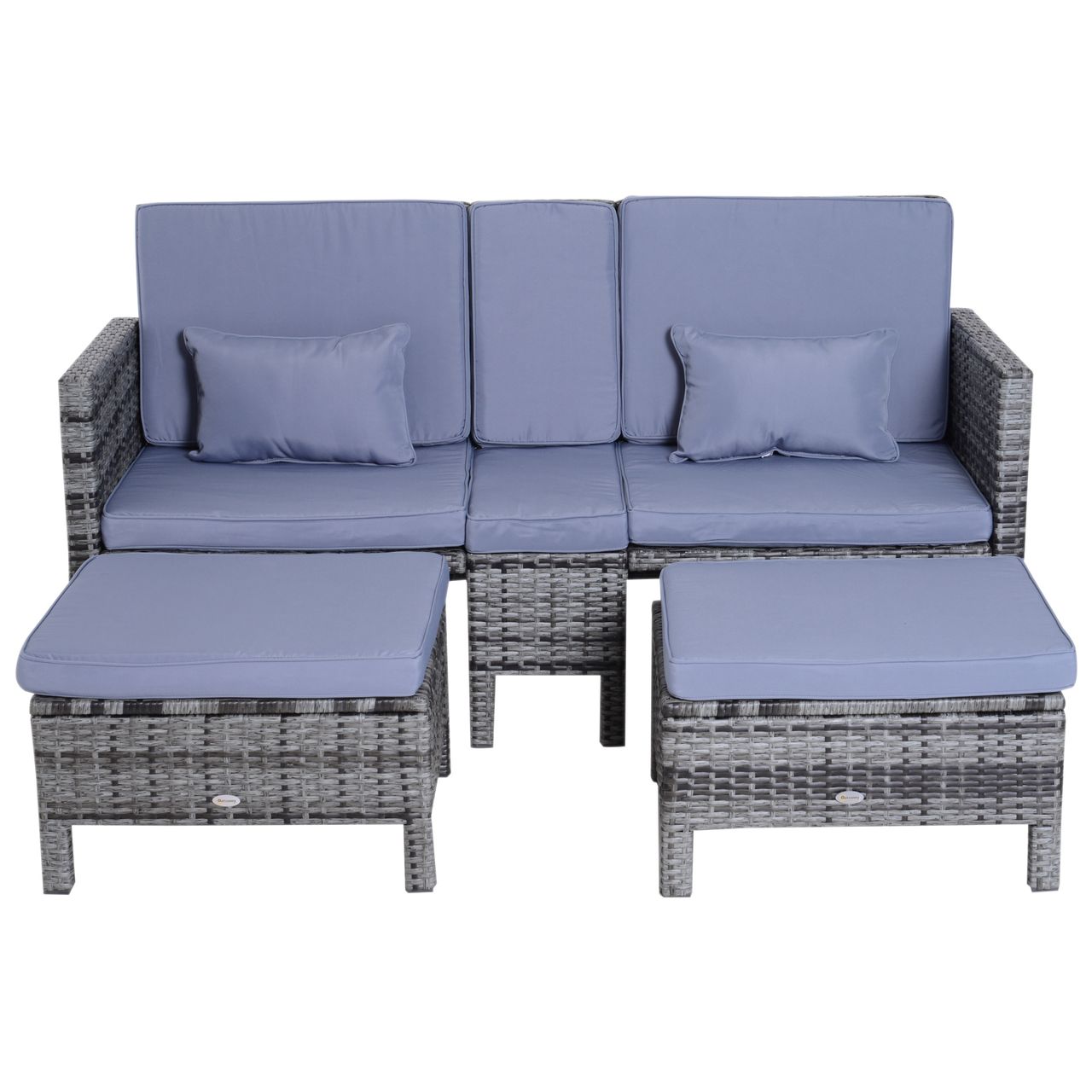 Outsunny 3-tlg. Sitzgruppe Rattanmöbel 2er-Sofa inkl. 2 Hocker & Kissen grau