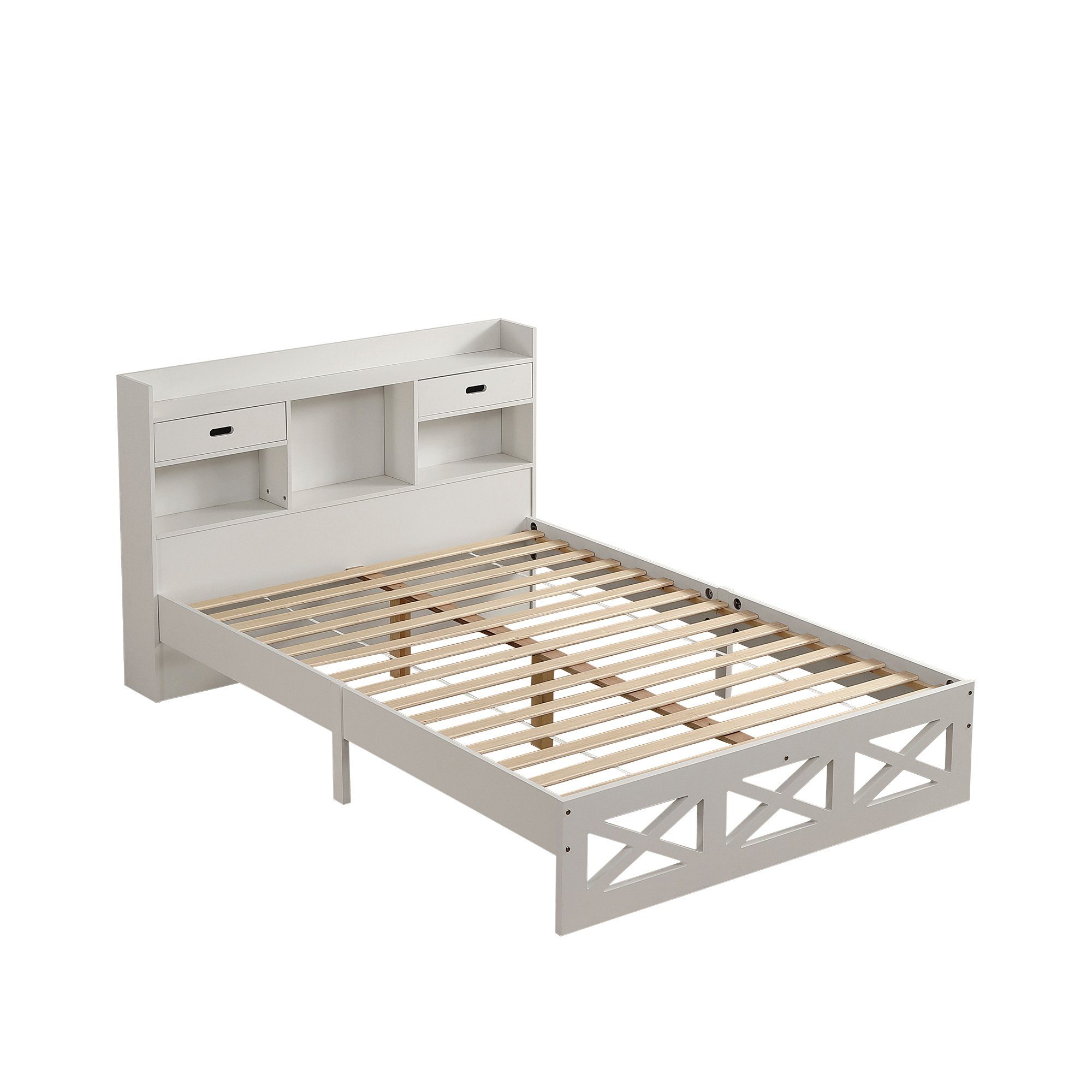 HAUSS SPLOE Holzbett Holzbett Doppelbett Bettgestell Kinderbett Gästebett (mit Holz Lattenroste und Aufbewahrungsfunktion, Kopfteil mit Stauraum), 140*200 cm, Weiß