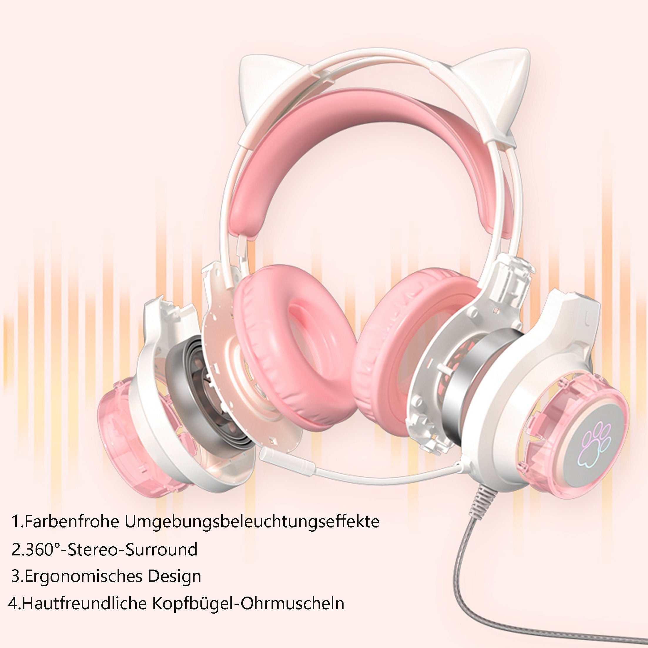 Diida Gaming-Headsets,Kopfhörer mit Geräuschunterdrückung für Katzenohren Gaming-Headset (Stereo, Abnehmbare Katzenohren, Klappbar)