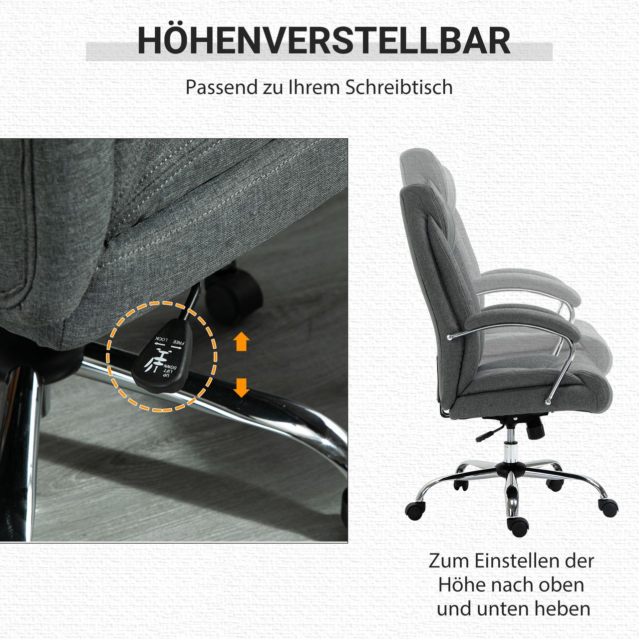 HOMCOM Vinsetto Bürostuhl mit Wippfunktion ergonomischer Stuhl mit gepolsterte Armlehne Kopfstütze höhenverstellbarer Schreibtischstuhl Drehstuhl mit Rückenlehne Nylon Grau 65 x 78 x 110-120 cm