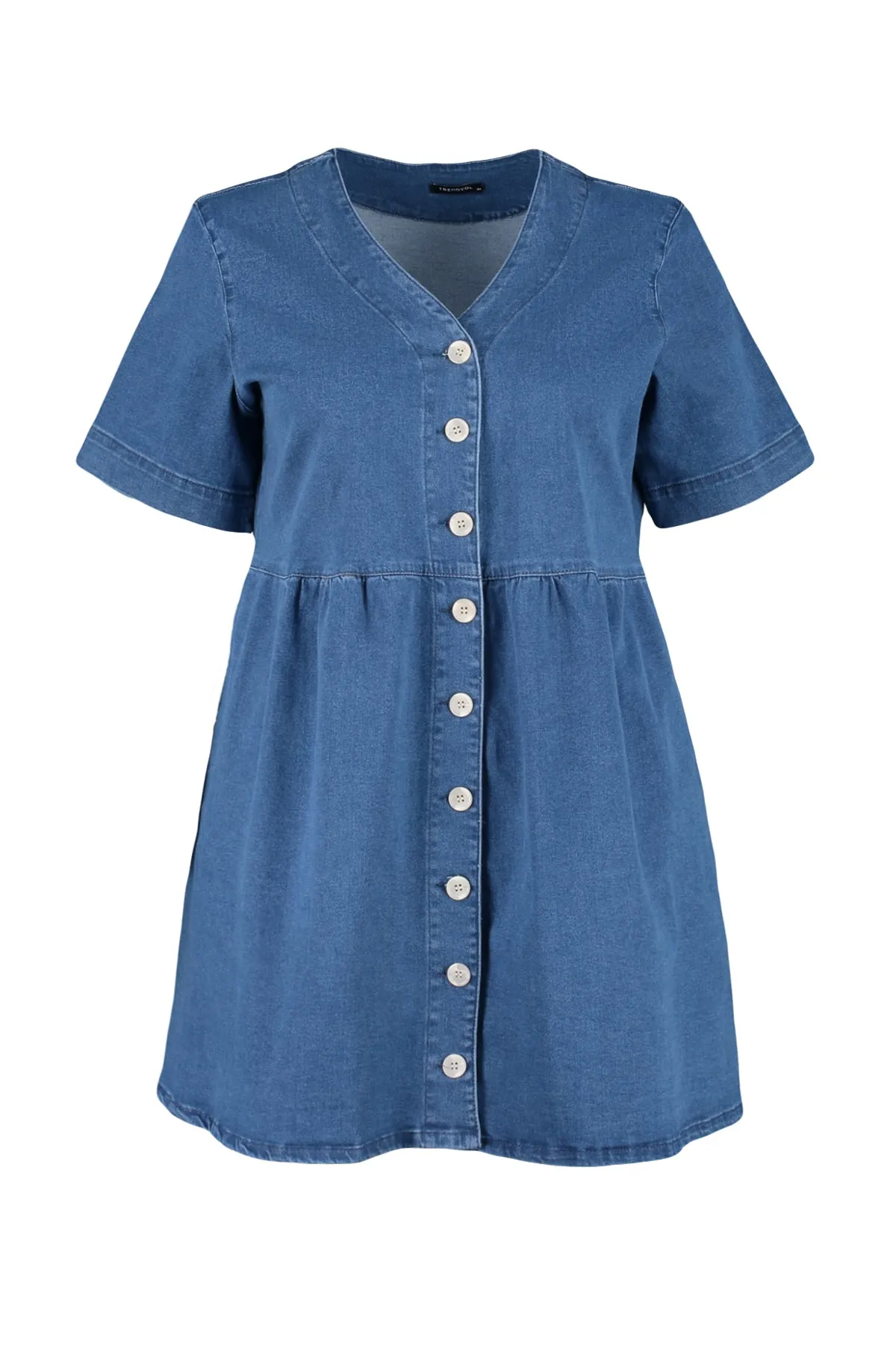 Trendyol Curve  Blaues Jeanskleid mit Taillenöffnung/Skater-V-Ausschnitt TBBSS23AH00078