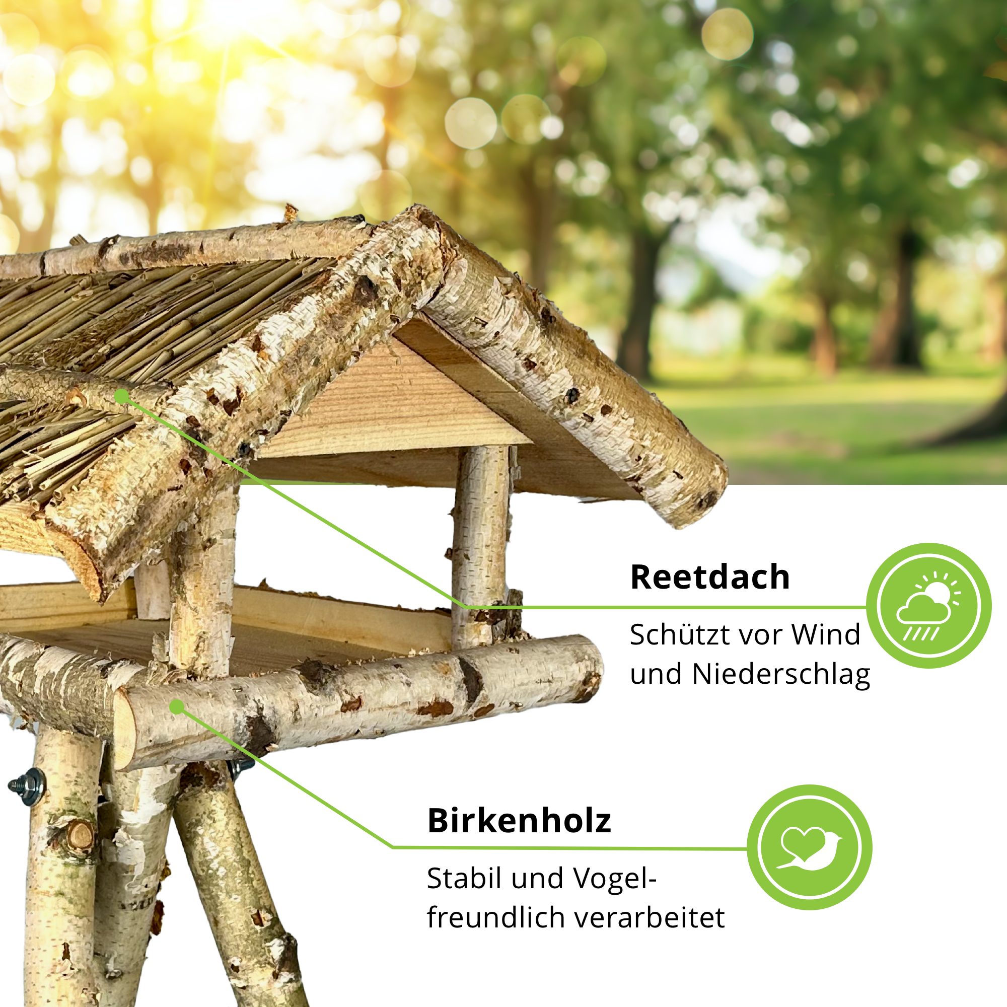 gartenetage Vogelhaus Birken Vogelfutterhaus mit Ständer und Reetdach, liebevolle Handarbeit, Wetterfest