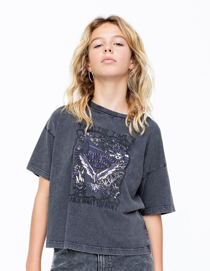 T-shirt gris visuel rock avec clous fille