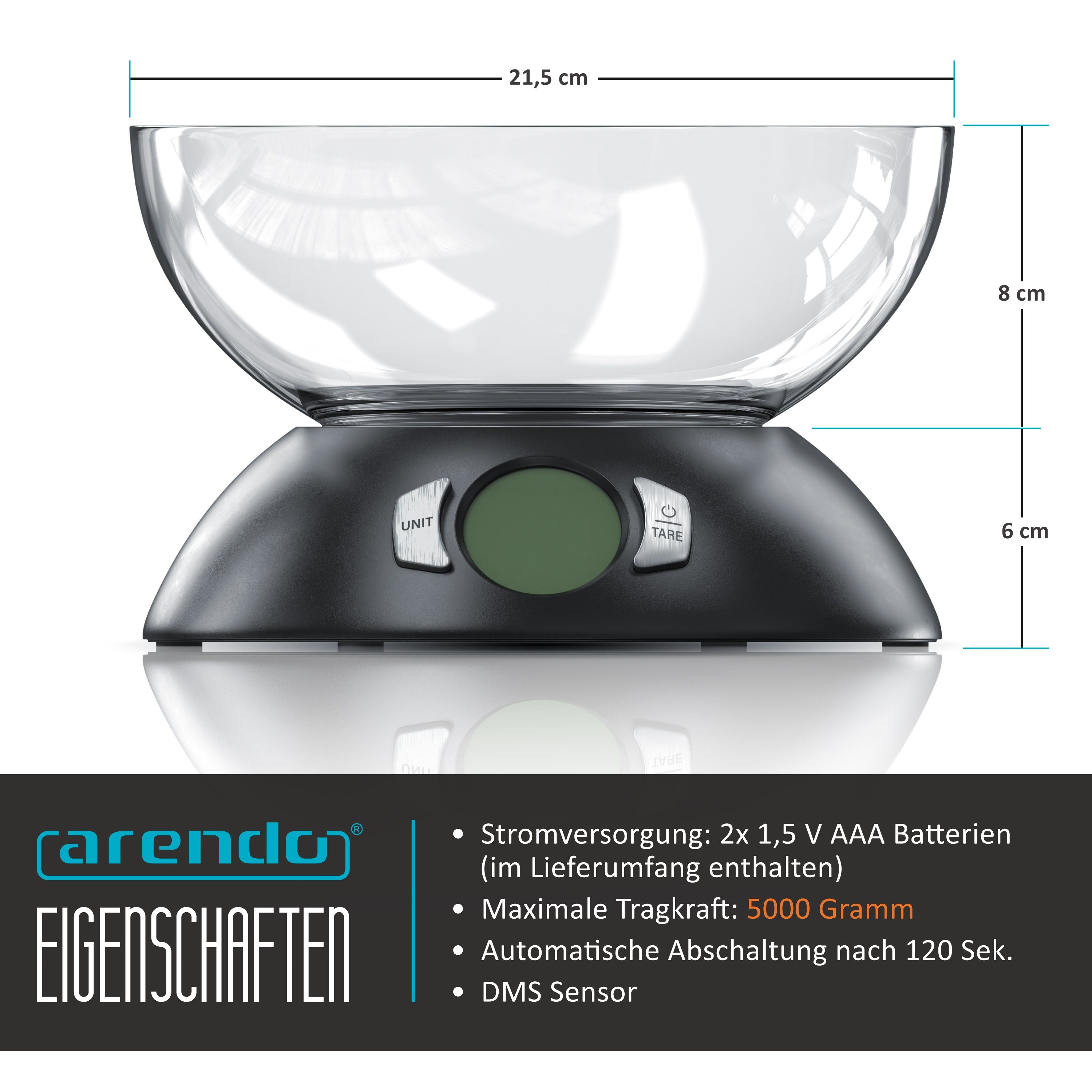 Arendo Küchenwaage, digital mit großer Schale, bis 5000g, LCD Display, Tara, Auto Off