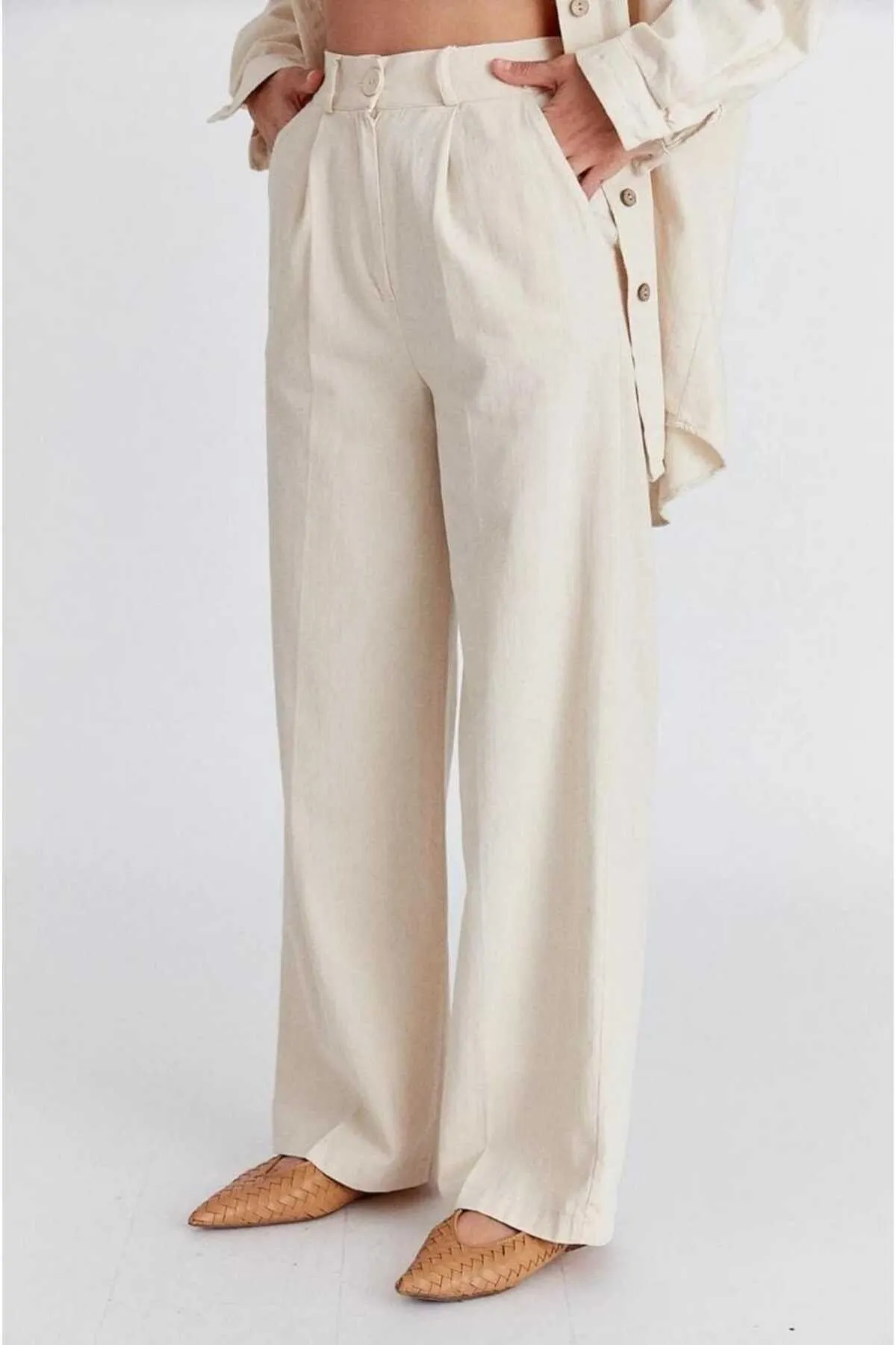 IŞILDA FASHION  DAMENKLEIDUNG PALAZZO-HOSE AUS ROHLEINEN MIT ELASTISCHEM BUND