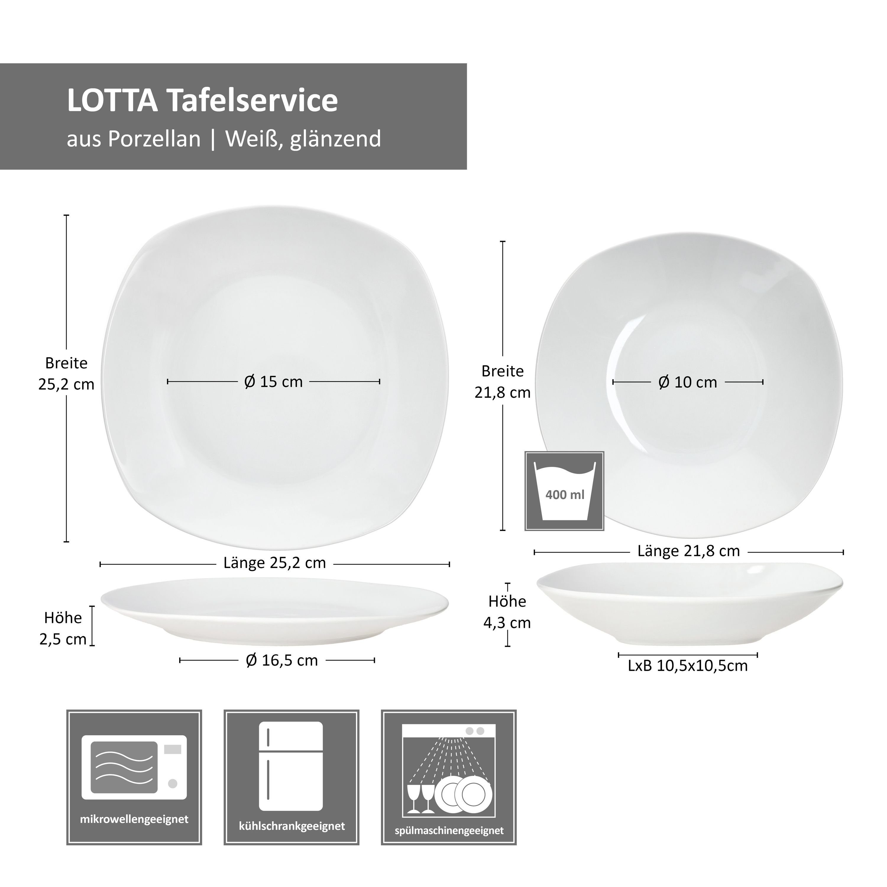 MamboCat Tafelservice 12tlg Tafelservice Lotta weiß Porzellan 6 Personen, Porzellan