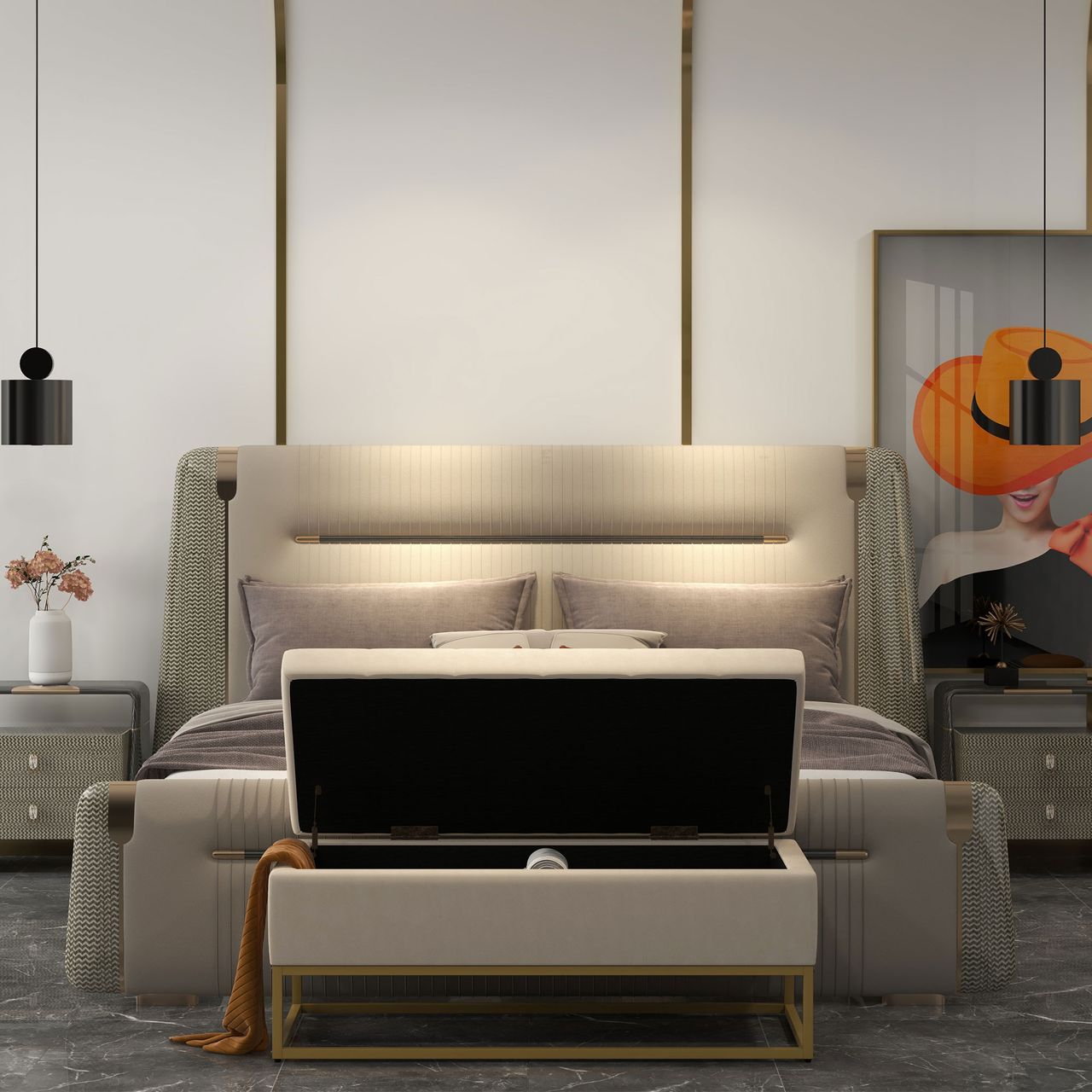 HOMCOM Sitzbank mit Stauraum, Polsterbank, Bettbank mit Samtoptik, Stahl, Beige