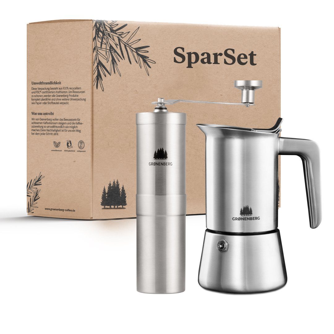 GRØNENBERG Espressokocher Spar Set 6: Kaffeemühle manuell + Edelstahl Espressokocher (2l4l6 Cup), Induktion geeignet & Inkl. Ersatz Dichtung