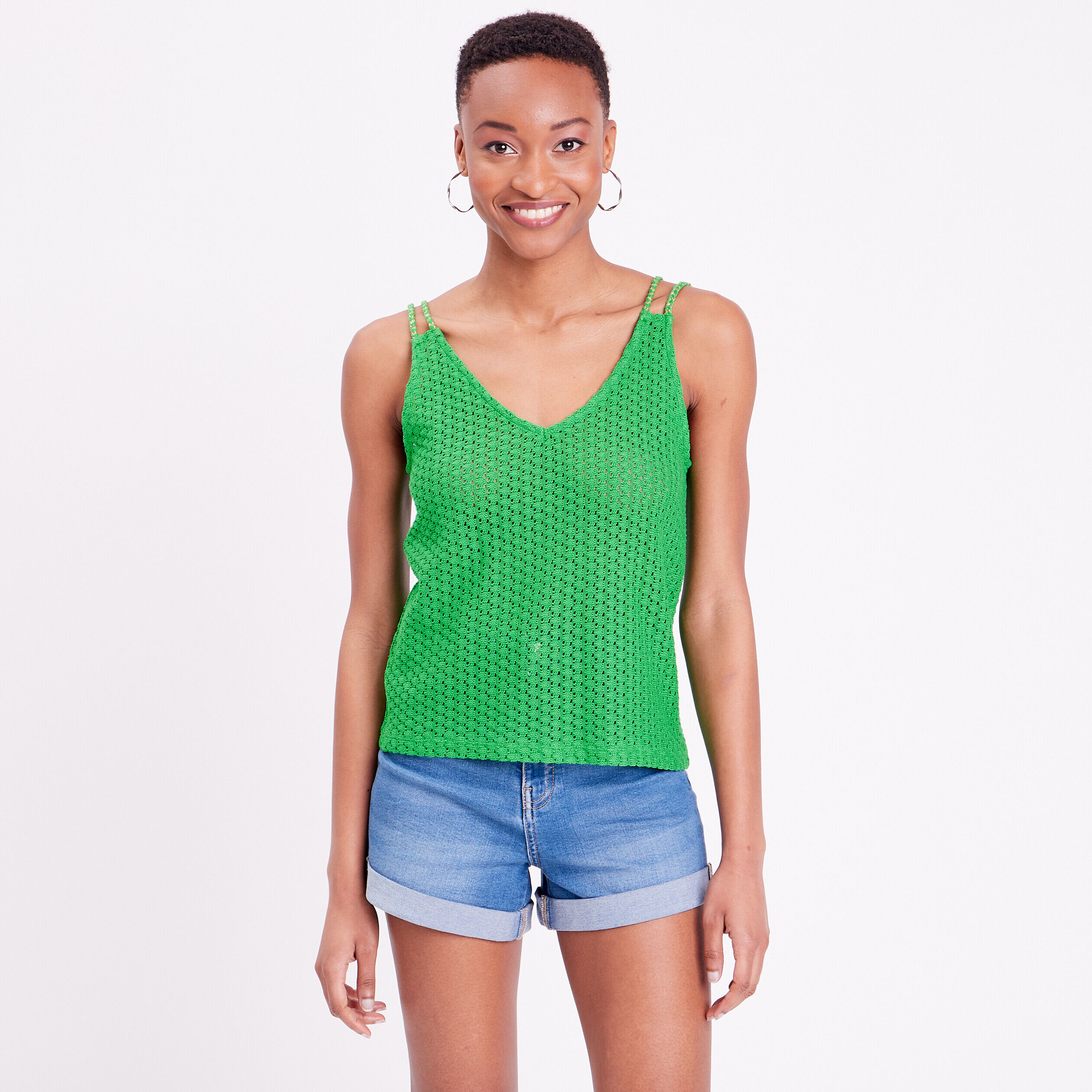 Débardeur crochet bretelles vert femme | Cache Cache