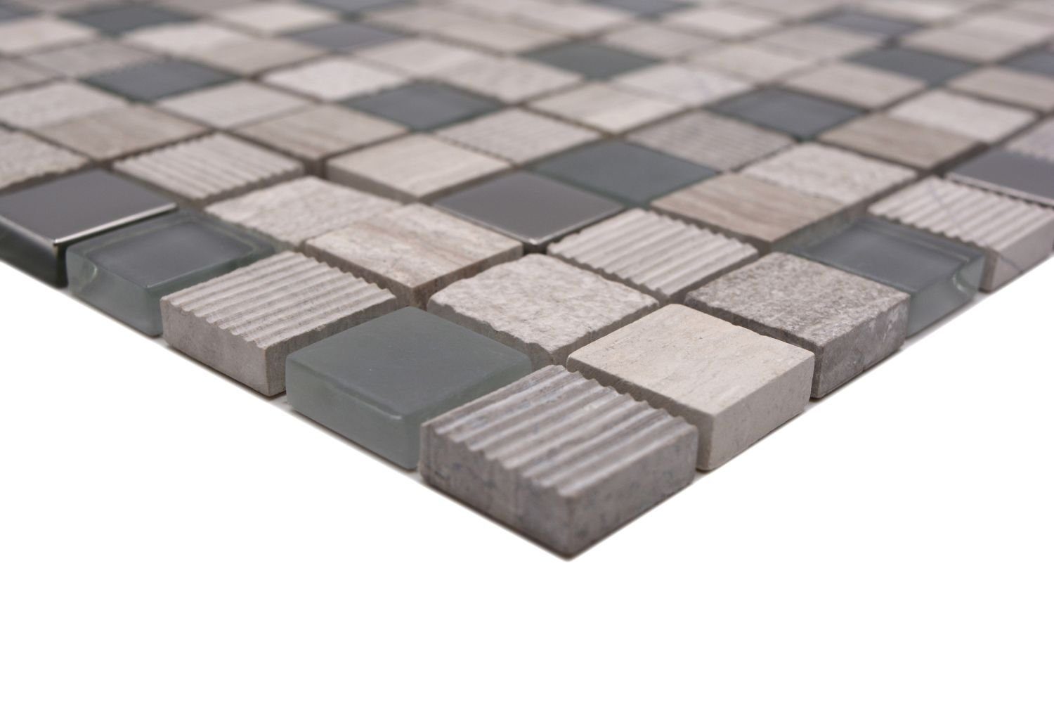 Mosani Mosaikfliesen Glasmosaik Naturstein Mosaik hellgrau silber matt / 10 Matten