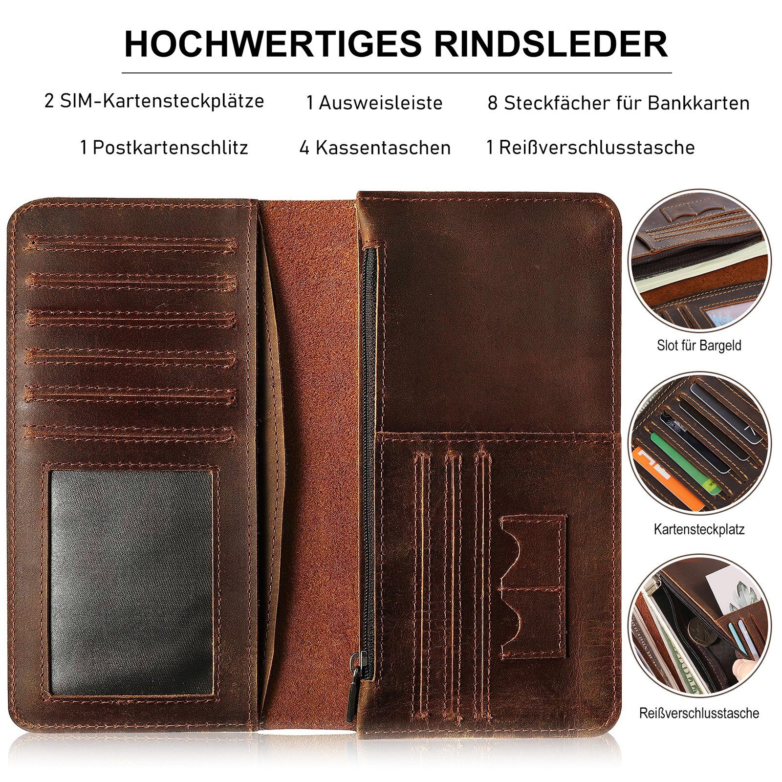 TAN.TOMI Geldbörse Echtleder Geldbörse Gross Geldbeutel Lang Portemonnaie Vintage Herren, mit RFID Schutz, Groß Reißverschlussfach und Viele Kartenfächer