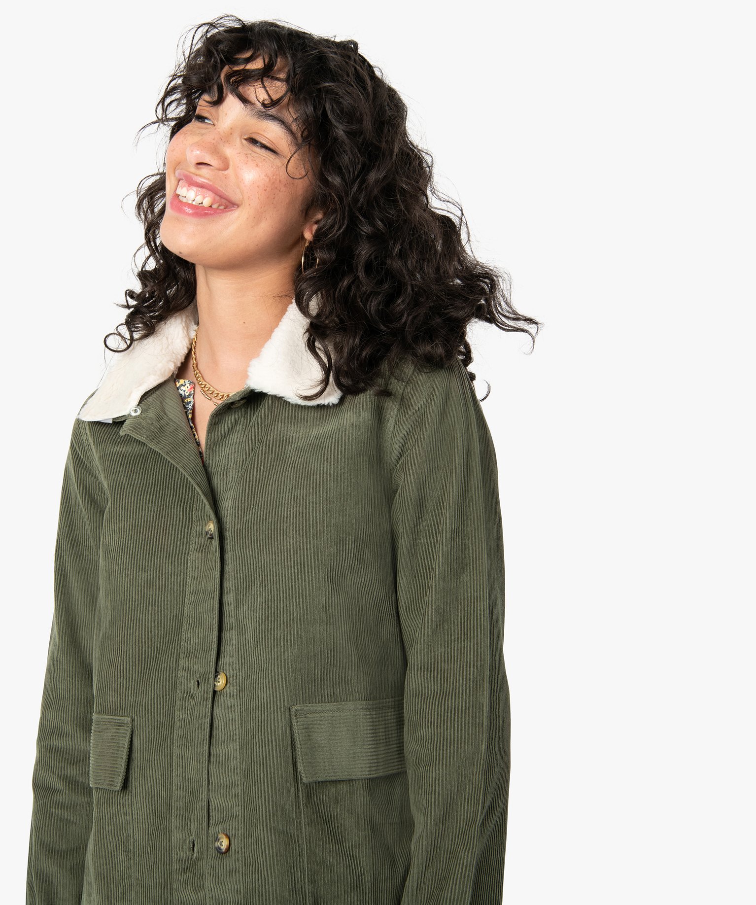 Blouson femme en velours ctelé avec col amovible kaki | GEMO