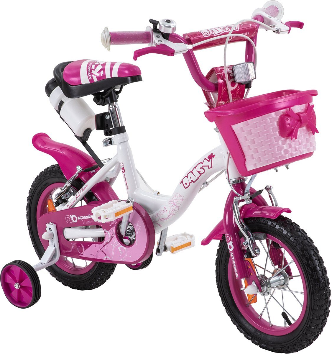 Actionbikes Motors Kinderfahrrad Kinder Mädchen Fahrrad Daisy inkl. Korb, 1 Gang, ohne Schaltung, (12 Zoll, ab 95 cm Körpergröße, max. Zuladung 35 kg, Trinkflasche inkl. Halterung, abnehmbare Stützräder, Klingel, Reflektoren, Antirutschgriffe, Lenker
