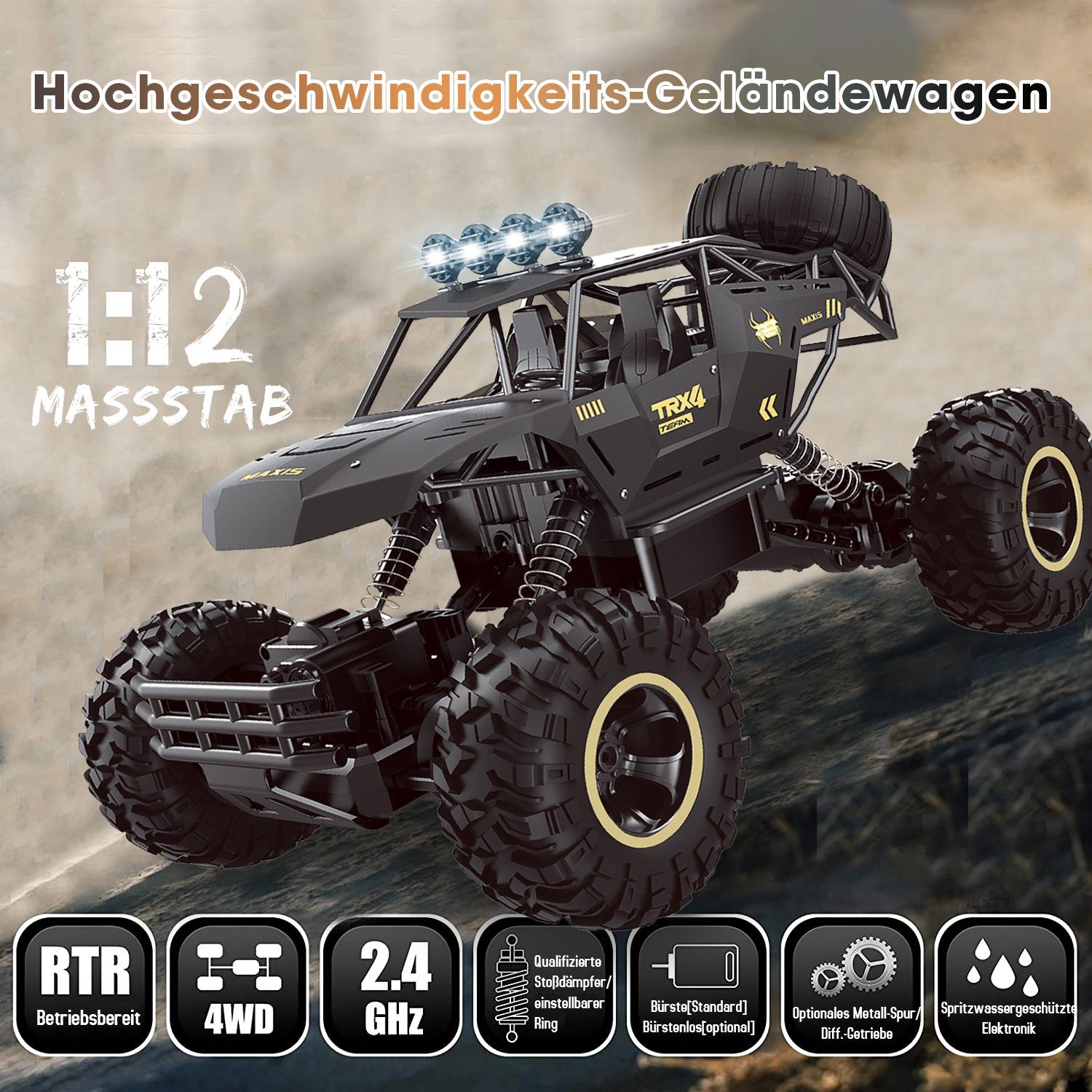 Ulife RC-Auto 4DRC, 1:12, 2,4 GHz, 40 km/h, 100 m Kontrollabstand, Metallgehäuse wasserfest, 4WD Doppelmotoren, mit 2 Batterien