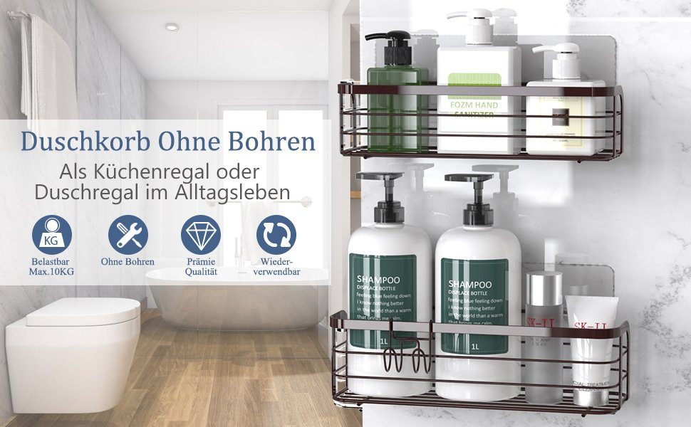 Elegear Duschablage ohne Bohren aus Edelstahl, Duschkorb mit Starker Klebhaken, 10KG MAX, Set 2-tlg, Dusch Ablage mit Haken, Zubehör für Küche und Bad