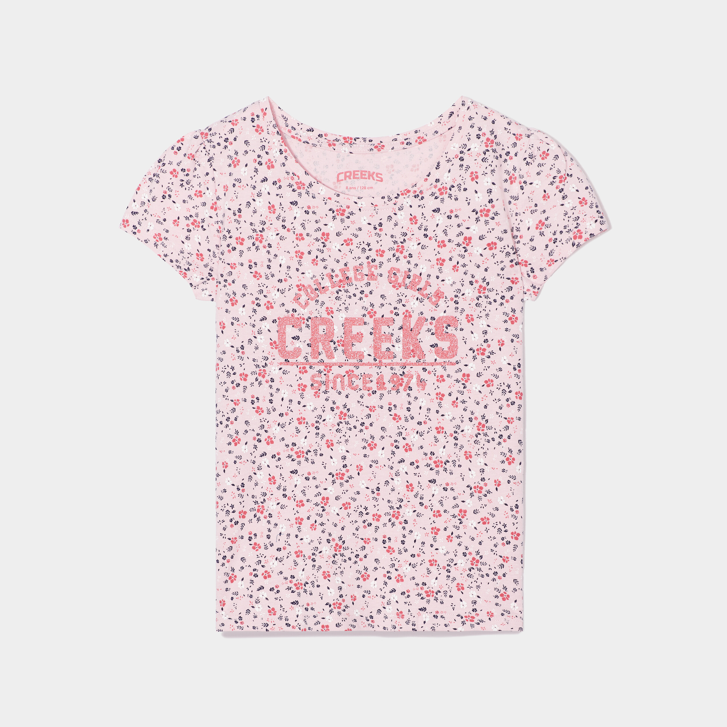 T-shirt col rond manches courtes Creeks rose poudrée fille | La Halle