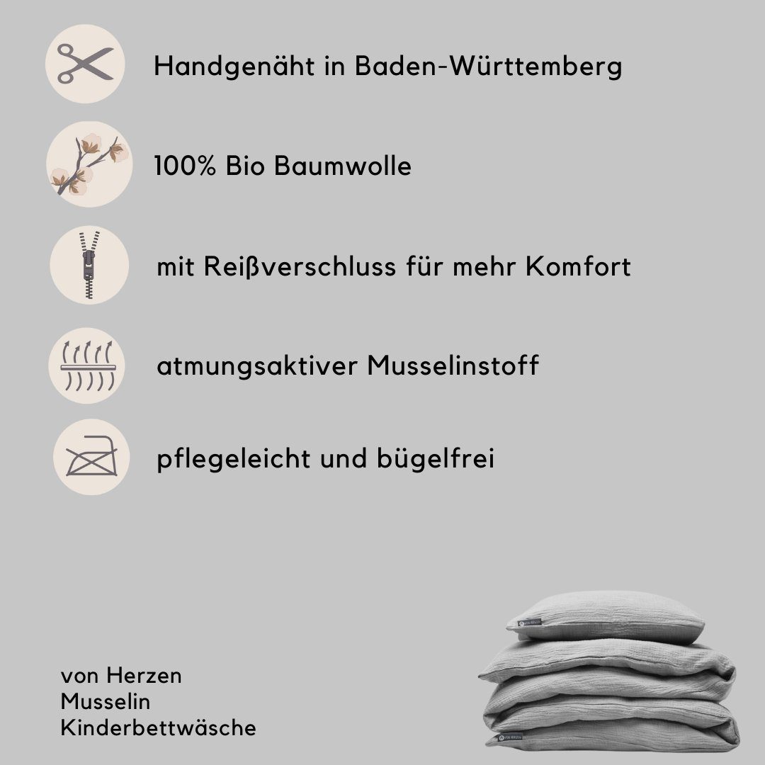 Kinderbettwäsche Musselin Kinderbettwäsche – Babybettwäsche – 100% Baumwolle – uni, von Herzen, Handgenäht