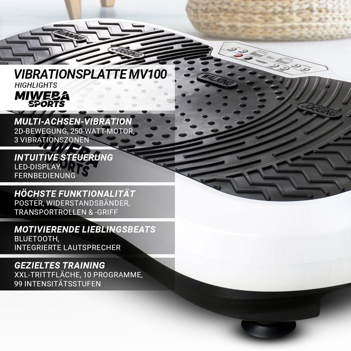 Miweba Sports Vibrationsplatte Vibrationsboard MV100 inkl. Fernbedienung - 2D-Vibration, 250 W, 99 Intensitätsstufen, (150 kg max. Benutzergewicht, Bluetooth, 10 Programme, extra breite Trittfläche, LED-Display, 12,5 kg Leichtgewicht, Poster & Widers