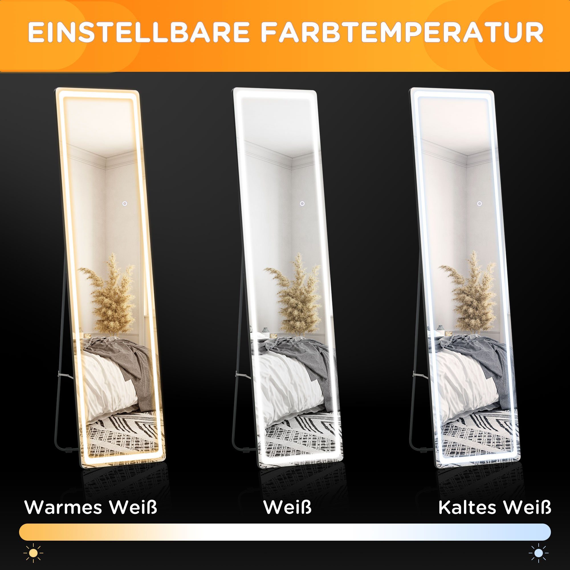 HOMCOM Standspiegel mit LED-Licht, freistehend, Aluminium, einstellbares Licht (Set, 1-St., 1 Ankleidespiegel), LED