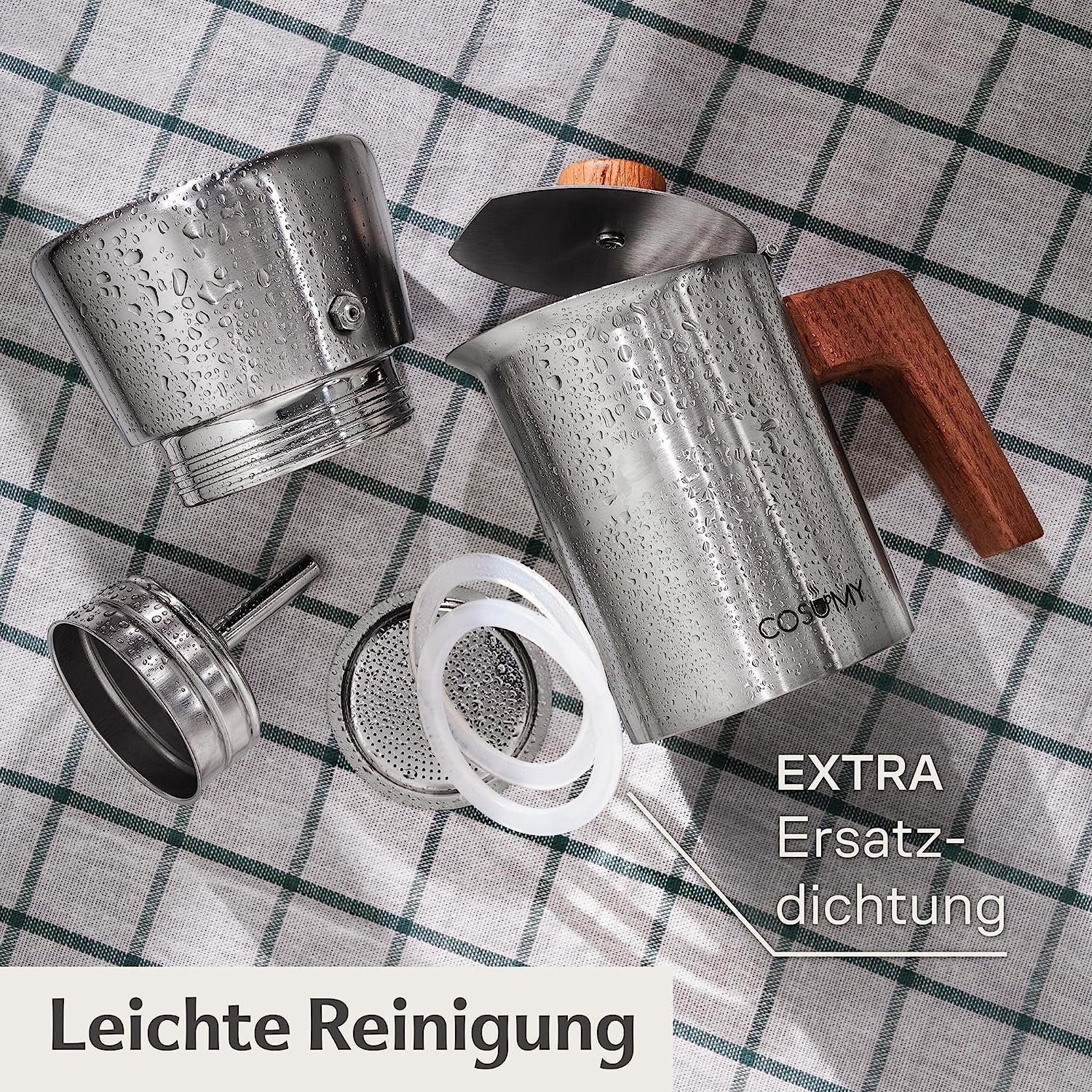 Cosumy Espressokocher Espressokocher 200ml mit Holzgriff, Induktionsgeeignet, FSC-zertifiziertes Eichenholz